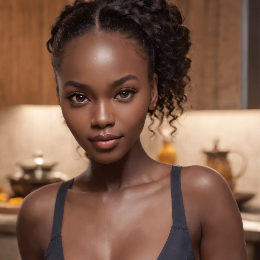 ((Dark African skin, Very deep ebony skin)), ((Its beauty undeniable)), ((Excited cute face)), ((Hyper detailed perfect eyes,)), ((pose mignonne)), ((Langue sortie)), ((Seductive )), cooking, (( baggy clothes)), ((Afro ponytail with long African curly hair,)), (( peau)), ((debout, vue de face)), ((home, kitchen, cooking, African food)), Sharp Focus CGI, photoreallistic, High detail, Realstic, Masterpiece, absurdes, Best quality, Hdr, High quality, high-definition, Extremely detailed, 8k wallpaper, Intricate details, 8K UHD, Full-HD, (photo realist:1.2), contraste, intense illumination, lighting cinematic, natural lighting, veilleuse, Nuit, Illumination globale, Ambient occlusion in the kitchen, a la piscine African women、Female sexy、working 、baggy clothes in the kitchen、sodden、She's cooking