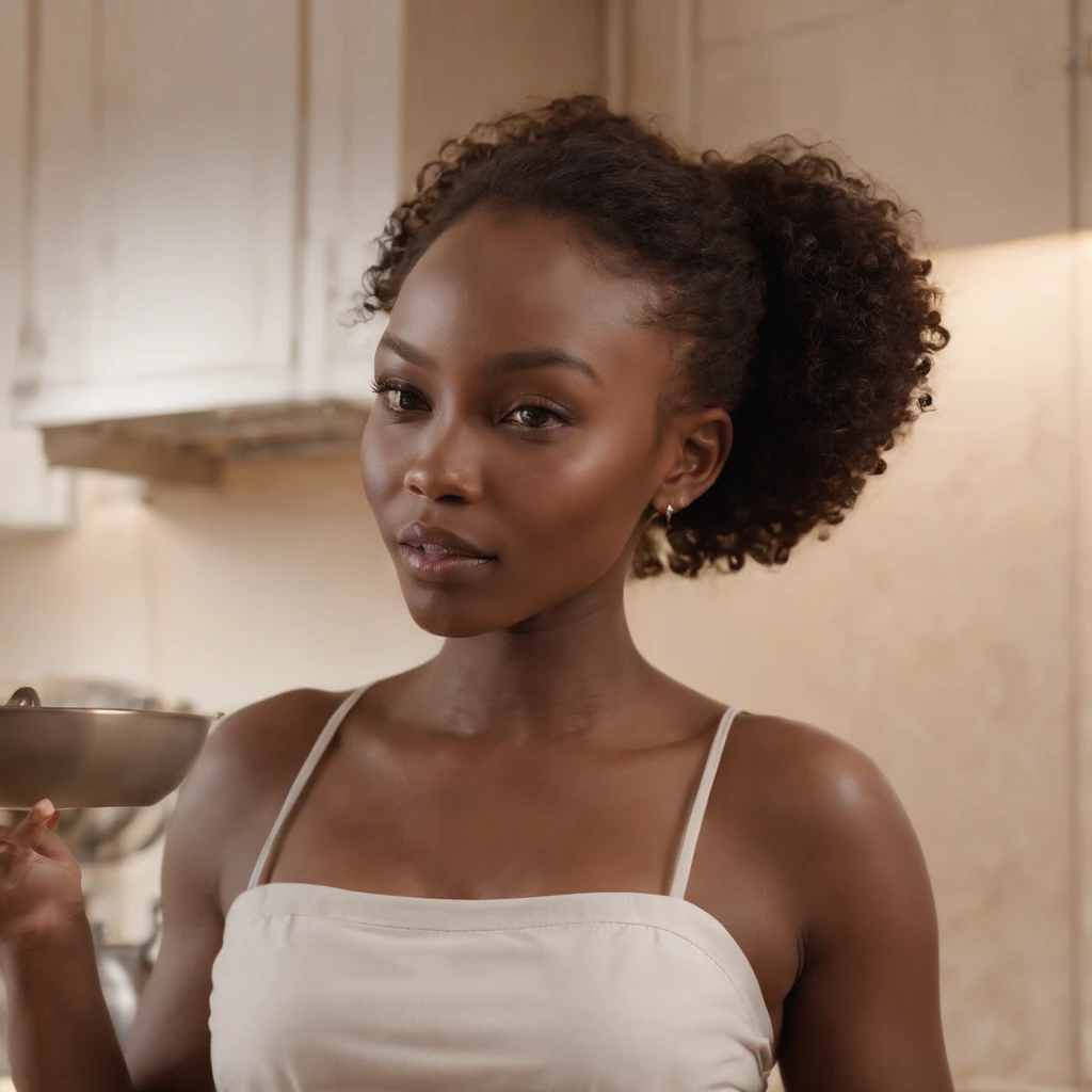 ((Dark African skin, Very deep ebony skin)), ((Its beauty  undeniable)), ((Excited cute face)), ((Hyper detailed perfect eyes,)), ((pose mignonne)), ((Langue sortie)), ((Seductive )), cooking, (( baggy clothes)), ((Afro ponytail with long African curly hair,)), (( peau)), ((debout, vue de face)), ((home, kitchen, cooking)), Sharp Focus CGI, photoreallistic, High detail, Realstic, Masterpiece, absurdes, Best quality, Hdr, High quality, high-definition, Extremely detailed, 8k wallpaper, Intricate details, 8K UHD, Full-HD, (photo realist:1.2), contraste, intense illumination, lighting cinematic, natural lighting, veilleuse, Nuit, Illumination globale, Ambient occlusion in the kitchen, a la piscine African women、Female sexy、working 、baggy clothes in the kitchen、sodden、She's cooking