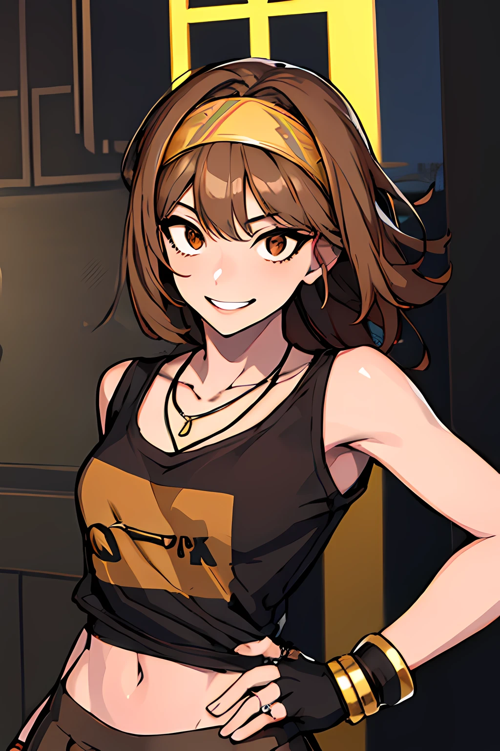 (absurdres, 8k, 4k, masterpiece, hyper extreme detailed:1.2), solo, 1girl, front view, perfect face, 1girl, portrait, expressive eyes, looking at viewer, solo, standing, Female, toned body, mature female 1girl, genie, zodiac, shirt over 1 shoulder, Brown bikini, long sleeves, necklace, long Brown Hair, city background, headband, Brown eyes, Brown skirt, small bust, rings, bracelets, charismatic, crazy face, crazy eyes, crazy smile, perfect anatomy, half body, l1girl, solo, brown shirt, gold letters, graphic t-shirt, bracelets, rings, necklace, jewelry, arm sleeves, fingerless gloves, manipulative, gaslighting, friendly, hands behind back,