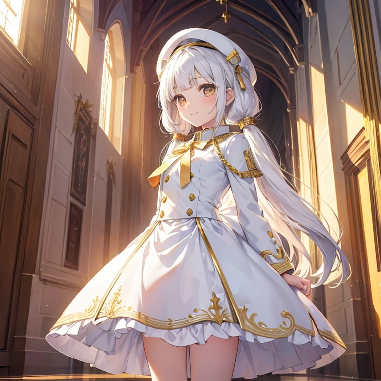 masterpiece, best quality, ultra detailed, 1girl, (loli:1.4), infant, (14 years old:1.4), magical girl, army uniform, white clothes, white cloak, white beret, flat breast, white skin, white hair, long hair, low twin tails, hair floating, blunt bangs, gold ribbon, (gold eyes:1.1), smile, floating in air, standing, arms spreaded, divine light, magic circle on floor, from below, in great hall, in castle