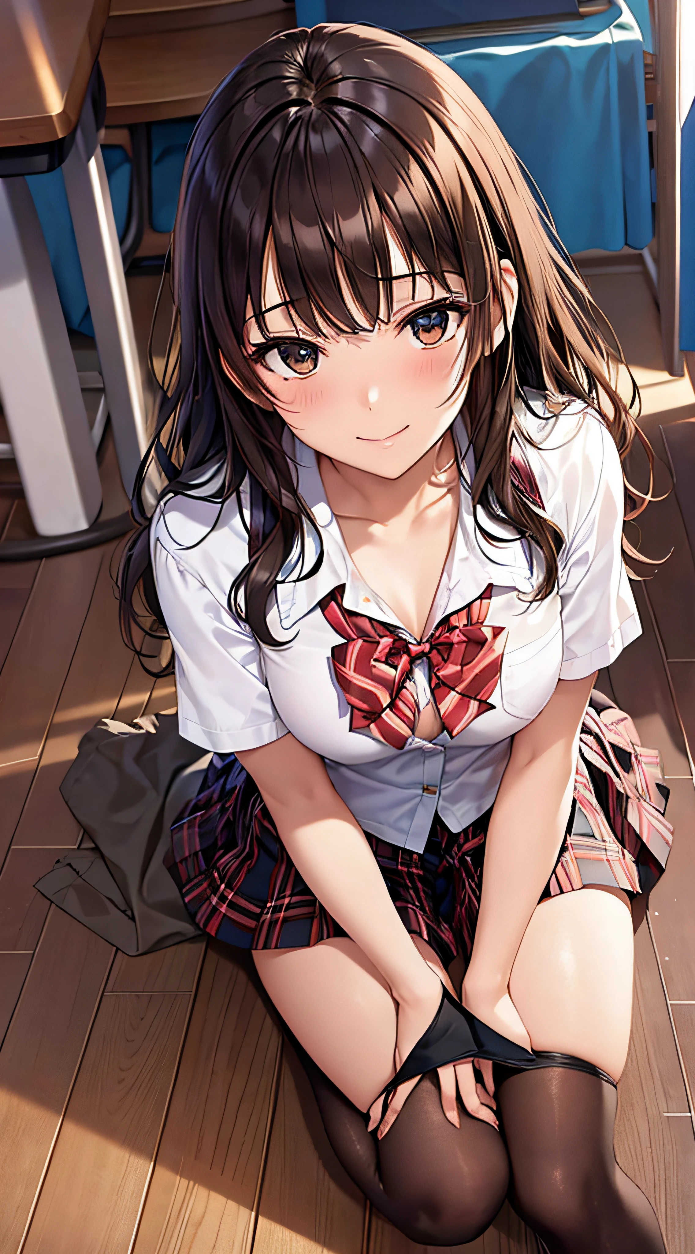 ((masutepiece, Best Quality, hight resolution, nffsw, Perfect Pixel, 4K, nffsw, nffsw))), 1girl in, Single, Solo, Beautie、full body seen、 ((Middle Wave Hair, Bangs, Brown hair)), ((Brown-eyed, Beautiful eyelashes, Realistic eyes)), ((Detailed face, Blushing:1.2)), ((Smooth texture:0.75, Realistic texture:0.65, Photorealistic:1.1, Anime CG style)), medium breasts, Dynamic Angle, Perfect body, ((red bowtie, School uniform, , Unbuttoned white shirt, Black skirt, plaid skirts)), Classroom、early evening、sitting down on the floor、Looking up from the floor、Very embarrassing panic smile, 、(opens legs、Open both knees、Light pink floral lace panties)、