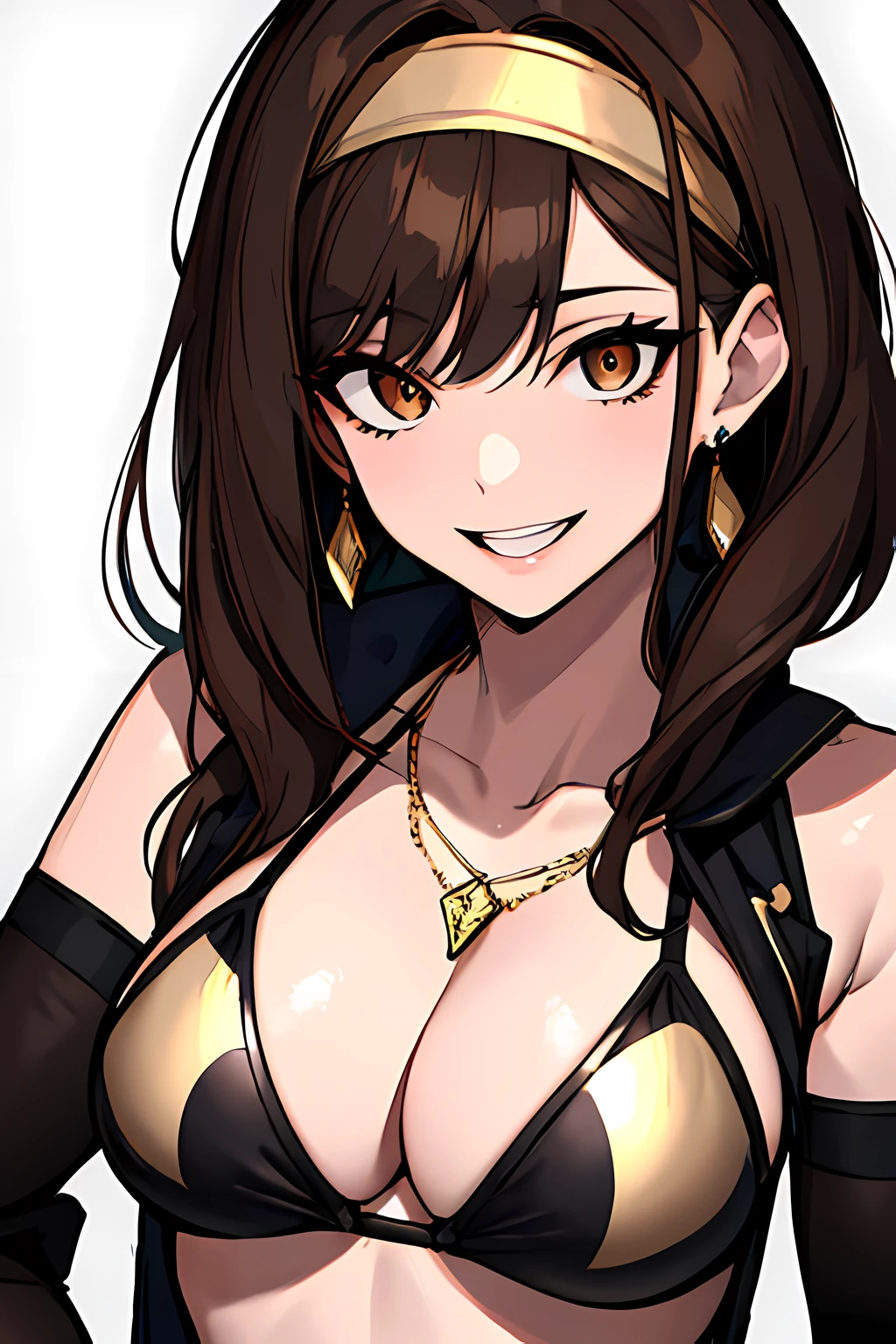 (absurdres, 8k, 4k, masterpiece, hyper extreme detailed:1.2), solo, 1girl, front view, perfect face, 1girl, portrait, expressive eyes, looking at viewer, solo, standing, Female, toned body, mature female 1girl, genie, zodiac, shirt over 1 shoulder, Brown bikini, long sleeves, necklace, long Brown Hair, city background, headband, Brown eyes, Brown skirt, small bust, rings, bracelets, charismatic, crazy face, crazy eyes, crazy smile, perfect anatomy, half body, l1girl, solo, brown shirt, gold letters, graphic t-shirt, bracelets, rings, necklace, jewelry, arm sleeves, fingerless gloves, manipulative, gaslighting, friendly, hands behind back,