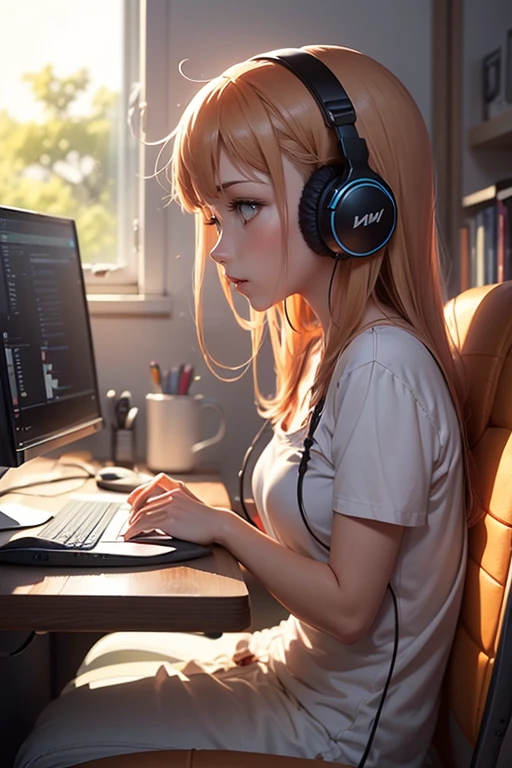 (((anime minimalistic))), (((best quality))), ((sunlight light)) lofi girl is listening to music and is working on her computer