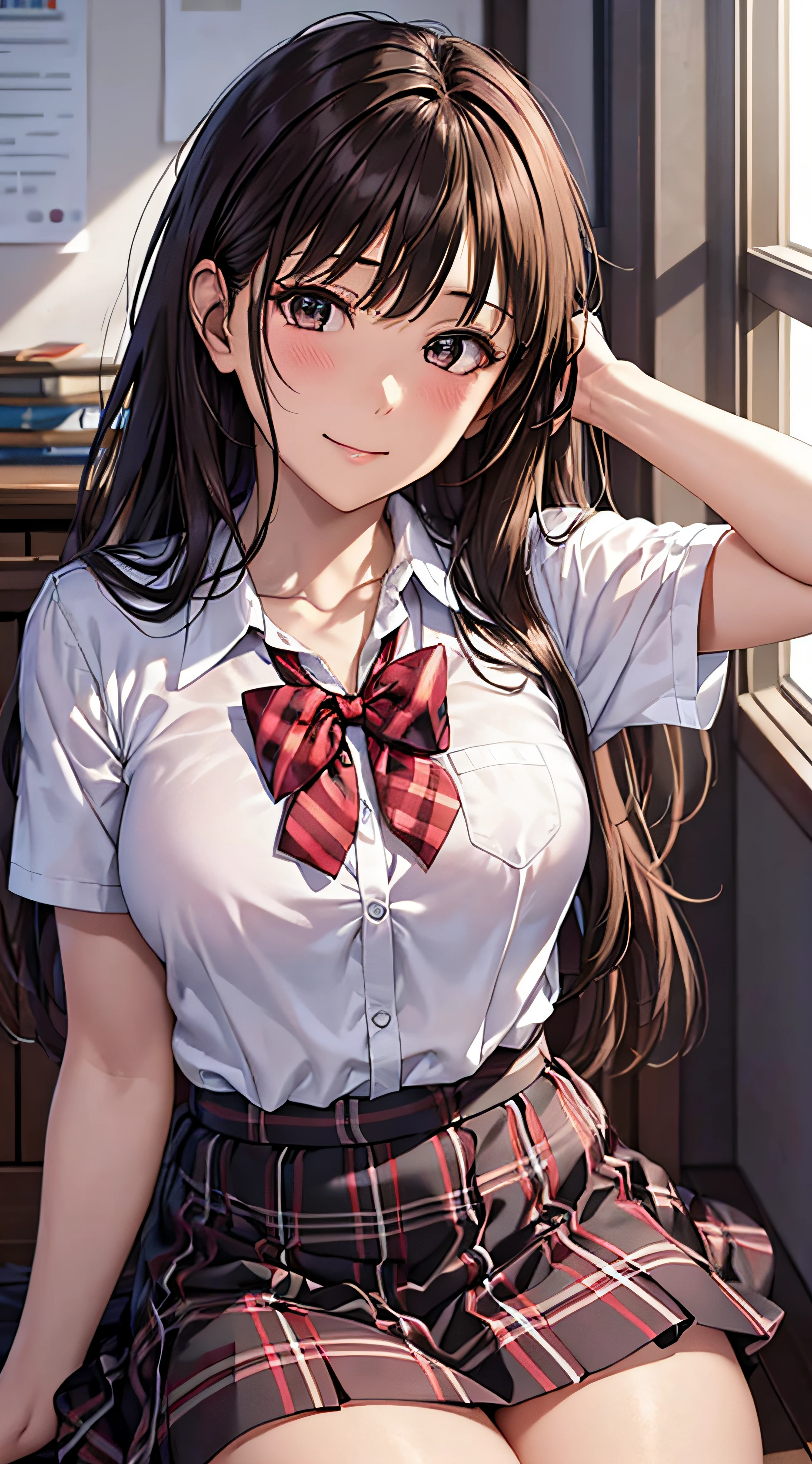 ((masutepiece, Best Quality, hight resolution, nffsw, Perfect Pixel, 4K, nffsw, nffsw))), 1girl in, Single, Solo, Beautie、full body seen、 ((Medium length wavy hair, Bangs, Brown hair)), ((Brown-eyed, Beautiful eyelashes, Realistic eyes)), ((Detailed face, Blushing:1.2)), ((Smooth texture:0.75, Realistic texture:0.65, Photorealistic:1.1, Anime CG style)), medium breasts, Dynamic Angle, Perfect body, ((School uniform, white shirt with a red ribbon on the chest, Black skirt, Unbuttoned shirt、plaid skirts、I'm not wearing shoes、White Sox)), Classrooms without people、Sit on a desk、Lower'I took my foot off the desk......................................、early evening、、、Very embarrassing panic smile、(((Lift the skirt with your right hand、Open both legs、Open your knees wide、Pink floral lace panties)))、、Cute floral bra、Angle from below