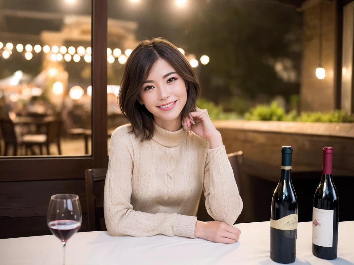 (64k uhd、nffsw、top-quality、​masterpiece:1.2)、(realisitic、Photorealsitic:1.37)、ultra-detailliert、ssmile、Party、lucky、wine glasses、enjoying a glass of wine、a matural female、Two beautiful women、(Slim Faces)、(Slim body)、（brawn hair）、(short-cut)、Latino、smiling french woman、happy italian girl、British woman、Americana、blush a little on the cheeks、(38 years)、42 year old、red wine、A beautiful and detailed night view spreads out outside the window.........、resturant、Wine glasses in a prominent place、natta、(from waist up)、sitting on、date、(A smile:1.15)、Beautiful detailed eyes、Cashmere sweater、long-sleeved dresses、japanes、(short-hair:1.2)、Float NovaFrogStyle、、modeled、from waist up、white wine、Slimed、wine glasses、Super beautiful night view、Put the wine glass in the middle、Happy smile、(8K、Raw photography、top-quality、​masterpiece:1.2)、(realisitic、Photorealsitic:1.37)、ultra-detailliert、超A high resolution、2 females、see the beholder、beautifull detailed face、A smile、Constriction、(Slim waist) :1.3)、knit shirt、Beautiful detailed skin、Skin Texture、floated hair、professional light needle breast、eyes gentle