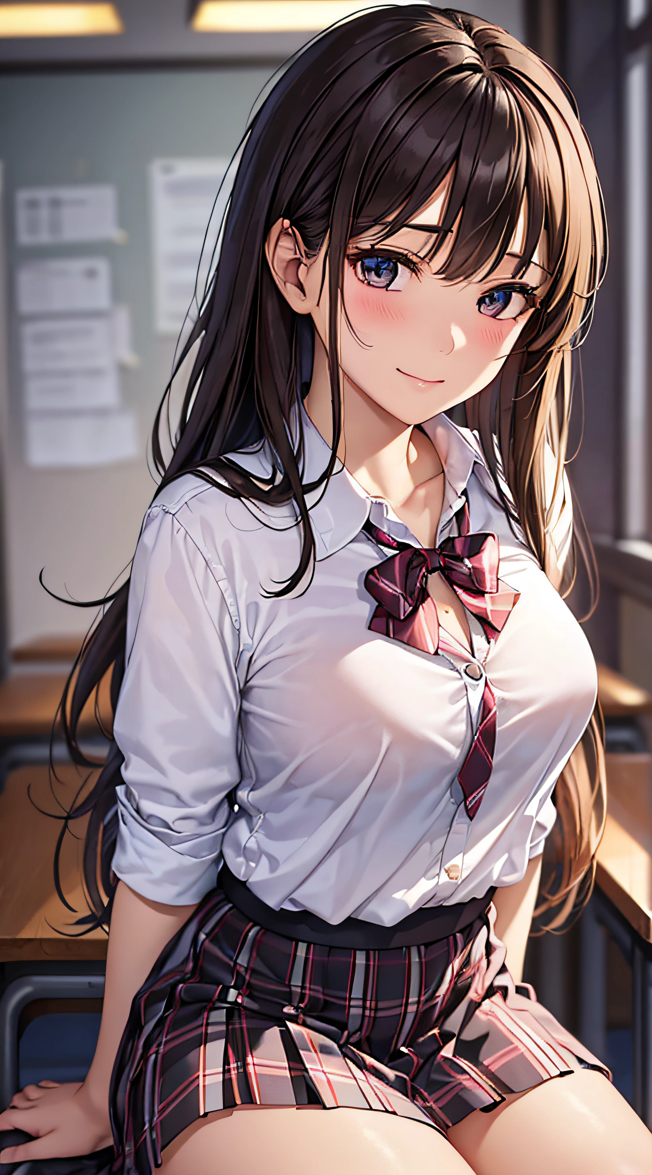 ((masutepiece, Best Quality, hight resolution, nffsw, Perfect Pixel,  4K, nffsw, nffsw))), 1girl in, Single, Solo, Beautie、full body seen、 ((Middle Wave Hair, Bangs, Brown hair)), ((Brown-eyed, Beautiful eyelashes, Realistic eyes)), ((Detailed face, Blushing:1.2)), ((Smooth texture:0.75, Realistic texture:0.65, Photorealistic:1.1, Anime CG style)), medium breasts, Dynamic Angle, Perfect body,  ((, School uniform, , Unbuttoned white shirt, Black skirt, plaid skirts)), ‎Classroom、early evening、sitting down on the floor、Slouched、Very embarrassing panic smile, 、(no-bra、((Transverse breasts))、Emphasis on the chest、opens legs、Open both knees、Light pink floral lace panties)、