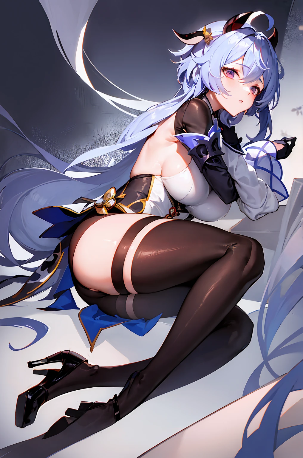 tmasterpiece, need, 1个Giant Breast Girl, Alone, Long gray hair, , looking at viewert, through bangs, mitts, cropped shoulders, middlebreast, sitted, Blue hair, purpleeyes, Flowers, ahoge, lace hose, the sleeve, cow horn, Black gloves,Eau, high-heels, seen from the side, black pantyhoses, Side breasts, employment (genshin impact), employment,