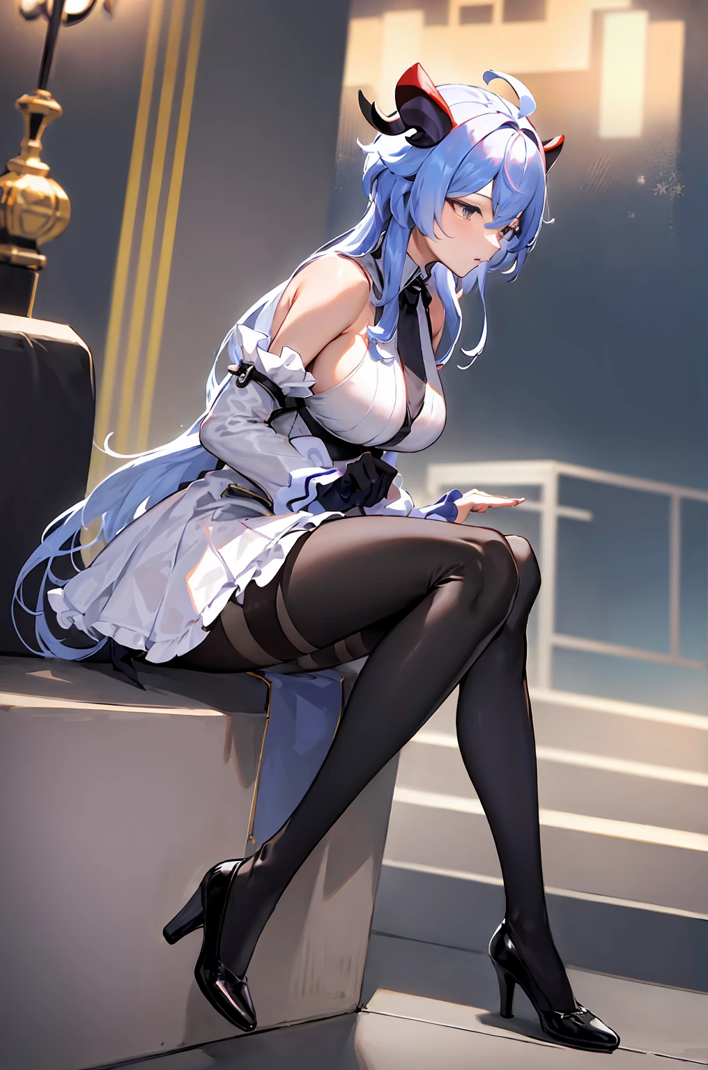 tmasterpiece, need, 1个Giant Breast Girl, Alone, Long gray hair, , looking at viewert, through bangs, mitts, cropped shoulders, middlebreast, sitted, Blue hair, purpleeyes, Flowers, ahoge, lace hose, the sleeve, cow horn, Black gloves,Eau, high-heels, seen from the side, black pantyhoses, Side breasts, employment (genshin impact), employment,