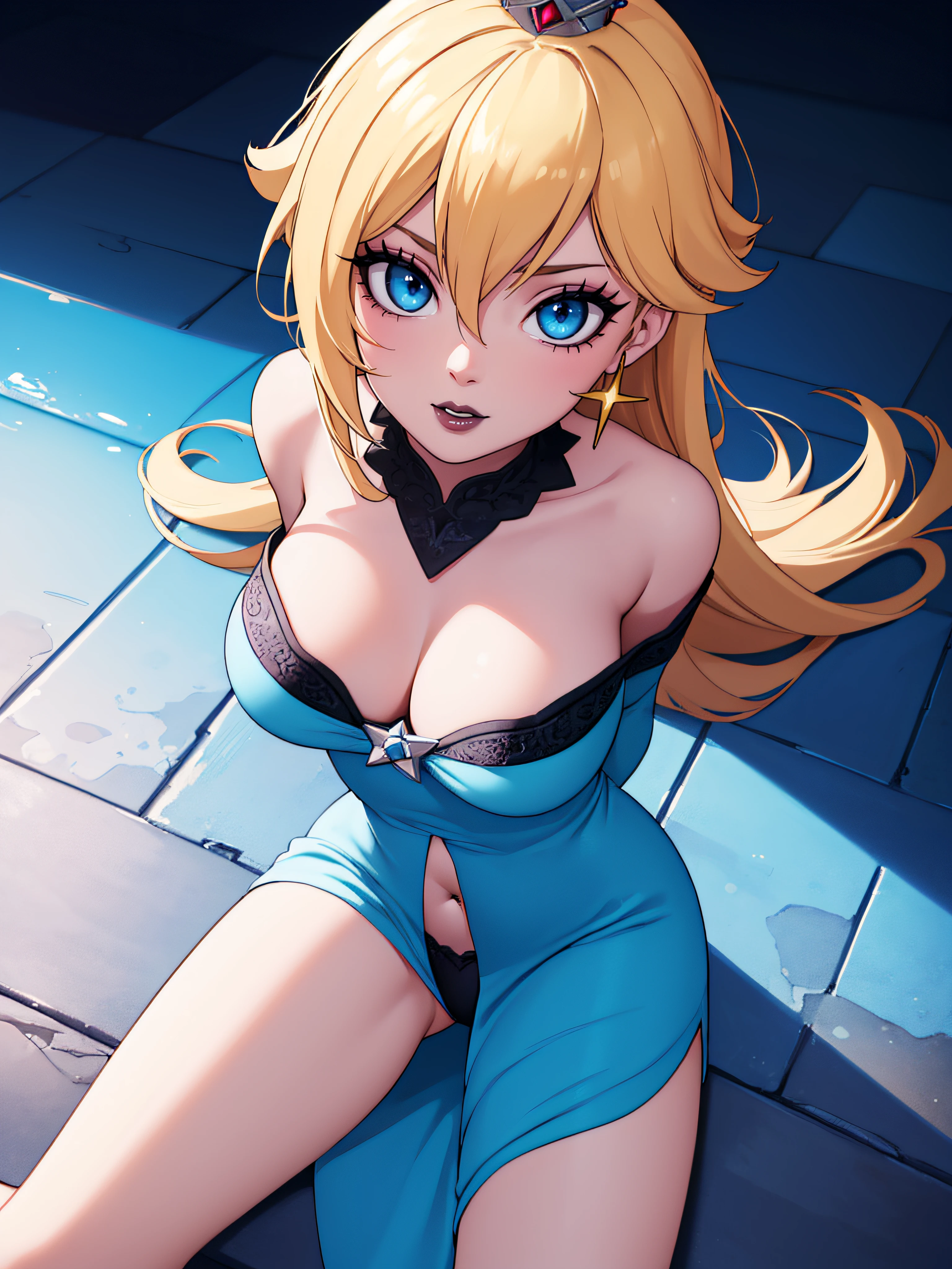 ((high detailed, best quality, 4k, masterpiece, hd:1.3)), Rosalina, blue eyes, BREAK blue eyes, seductive, attractive, sexy smile, smiling, smooth anime cg art, 36C breasts, long legs, vivid colors, detailed digital art, slim body, perfect skin, blonde hair, hair over one eye, long hair, BREAK crown, cleavage, 36C cleavage, looking at viewer, BREAK looking at viewer, extremely detailed face, blue dress, blue dress, dark blue dress, sexy dress, earrings, star earrings, jewelry, gem, dark black makeup lips, dark gothic eyeshadows, dark eyeshadows, black eyeshadows, black sexy lips, black lips, (dark:1.2), dark lips, very dark lips, (perfect hands, perfect anatomy), black makeup, black medium lips, black thick lips, detailed fingers, five fingers per hand, 5 fingers, (1 girl), detailed lips, detailed black lips, black painted lips, gothic painted lips, BREAK night, night sky, sky, star \(sky\), star \(symbol\), space, sun, (breast focus), (arms behind back:1.2), (from above:1.1), (breasts out:1.3), (off shoulder:1.1), (sit upright), (accidentally showing pants), (accidentally showing blue thong)