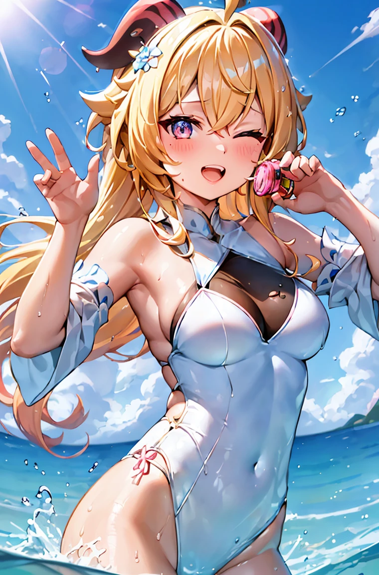 Best quality, tmasterpiece, Incredibly beautiful, very elaborate 8K wallpaper, otherworldly beautiful girl, , (White skin of the), (blonde hair pink gradient hair), Side pony, intermittently, Open your mouth and laugh, Long eyelashes, cosmetics, One eye open, (zoomout, bigger, BigREAK, 夏天, Beachy, (比基尼), Reflection in the water, (Floating water drops blur foreground), (blue-sky), lens flare glow, (water splash), rays of sunshine,