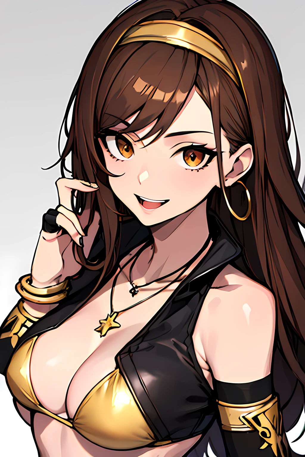 (absurdres, 8k, 4k, masterpiece, hyper extreme detailed:1.2), solo, 1girl, front view, perfect face, 1girl, portrait, expressive eyes, looking at viewer, solo, standing, Female, toned body, mature female 1girl, genie, zodiac, shirt over 1 shoulder, Brown bikini, long sleeves, necklace, long Brown Hair, city background, headband, Brown eyes, Brown skirt, small bust, rings, bracelets, charismatic, crazy face, crazy eyes, crazy smile, perfect anatomy, half body, l1girl, solo, brown shirt, gold letters, graphic t-shirt, bracelets, rings, necklace, jewelry, arm sleeves, fingerless gloves, manipulative, gaslighting, friendly, hands behind back,