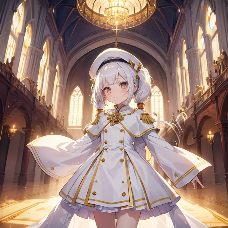 masterpiece, best quality, ultra detailed, 1girl, (loli:1.4), infant, (14 years old:1.4), magical girl, army uniform, white clothes, white cloak, white beret, flat breast, white skin, white hair, long hair, low twin tails, hair floating, blunt bangs, gold ribbon, (gold eyes:1.1), smile, floating in air, arms spreaded, divine light, magic circle on floor, from below, in great hall, in castle, solemn ceremony