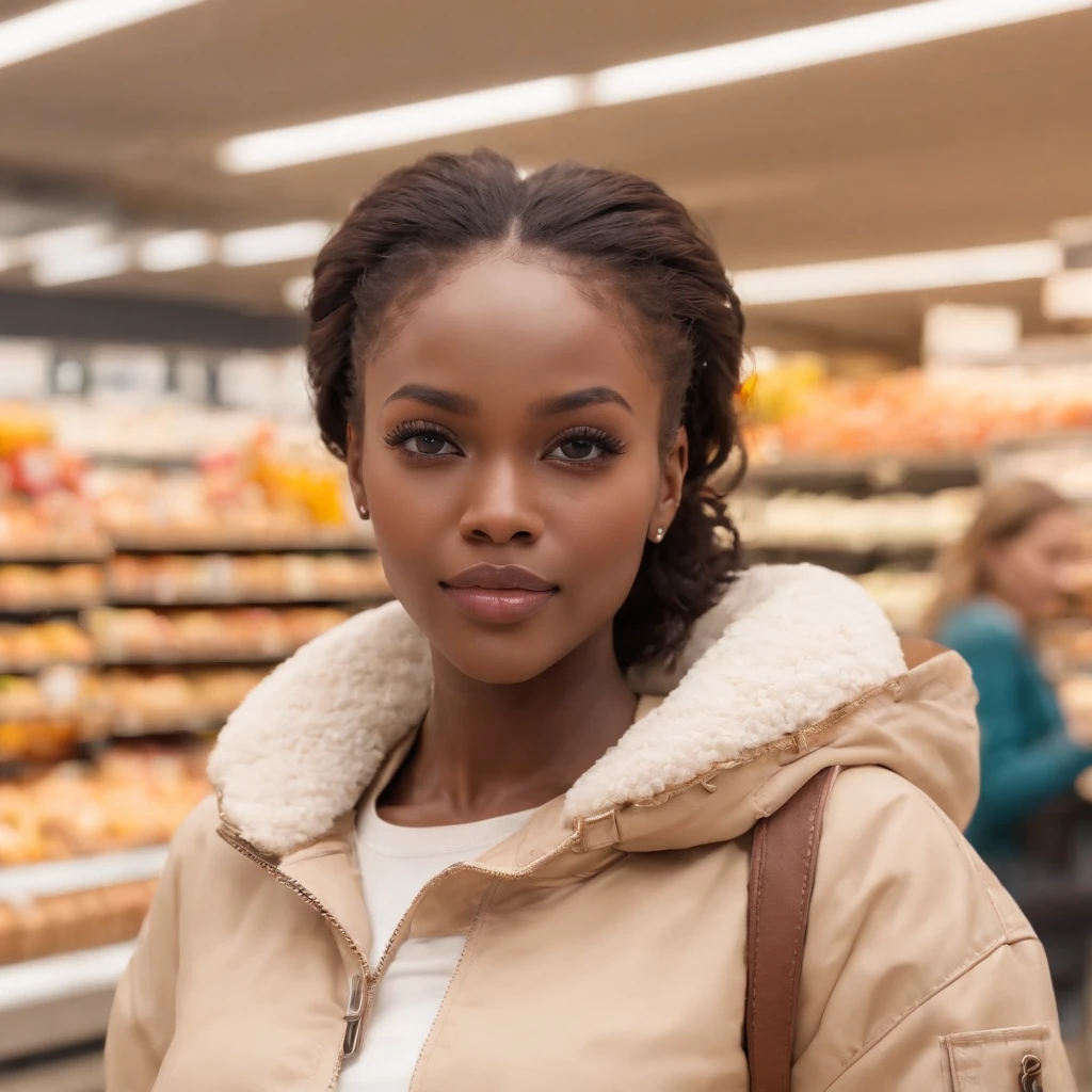 ((Dark African skin, Very deep ebony skin)), ((Its beauty  undeniable)), ((Excited cute face)), ((Hyper detailed perfect eyes,)), ((pose mignonne)), ((Langue sortie)), ((Seductive )), sexy, ((beige warm winterjacket, jeans, groceries)), ((Afro ponytail with long African curly hair,)), (( peau)), ((debout, vue de face)), ((toucher ses propres jambes dans une pose sexy)), ((The Hague, supermarket, groceries , Ville publique, people in the background)), ((doing groceries)), Sharp Focus CGI, photoreallistic, High detail, Realstic, Masterpiece, absurdes, Best quality, Hdr, High quality, high-definition, Extremely detailed, 8k wallpaper, Intricate details, 8K UHD, Full-HD, (photo realist:1.2), contraste, intense illumination, lighting cinematic, natural lighting, veilleuse, Nuit, Illumination globale, Laughing out loud, a la piscine African women、Female sexy, the hague