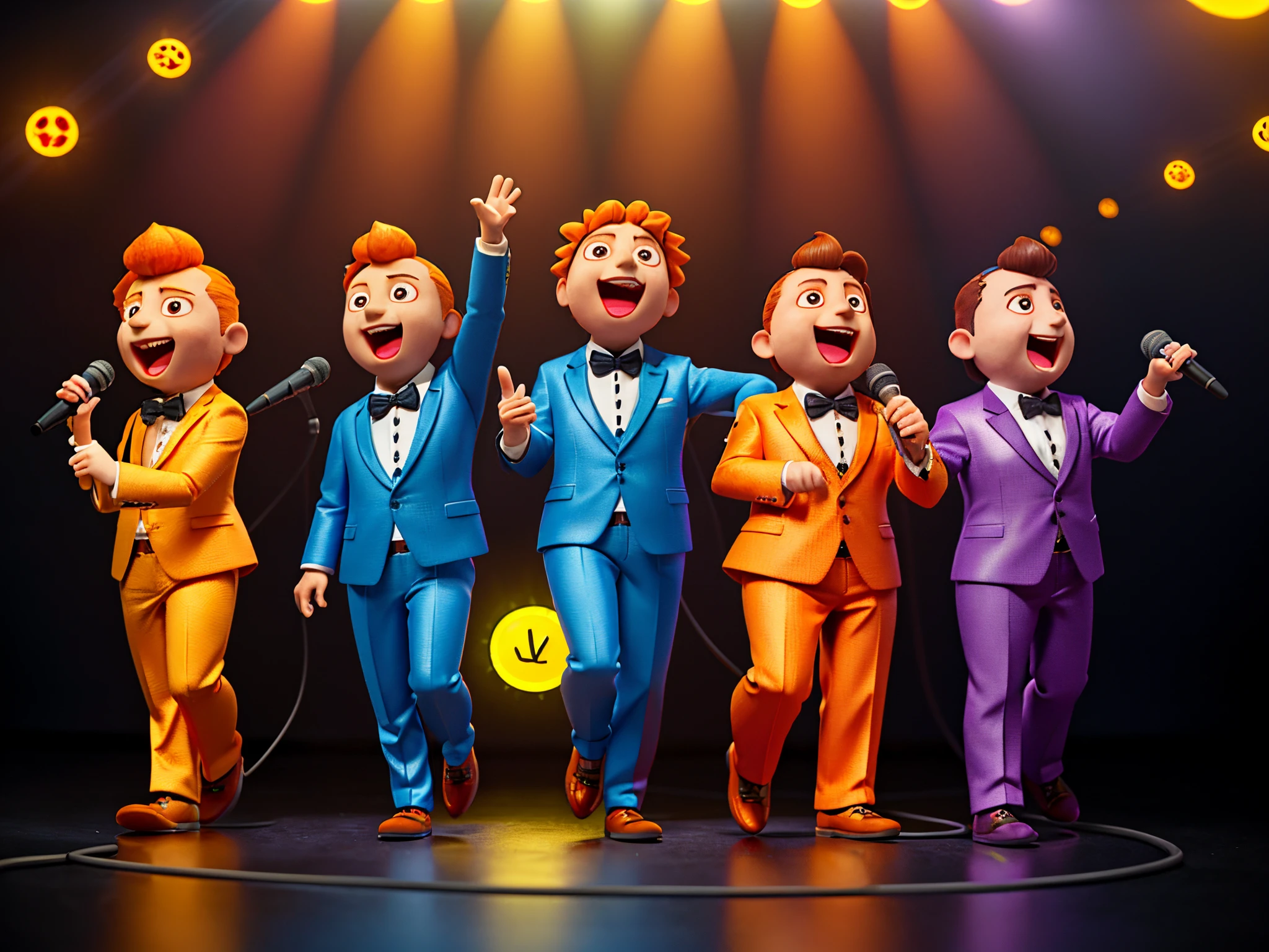 (Five anthropomorphic sunflowers, all wearing suits, are singing around a microphone.,）, Cute chibi character, neonlight, ultra - detailed, hyper realisitc, Clear and beautiful lighting, gentlesoftlighting, Blender-V 5