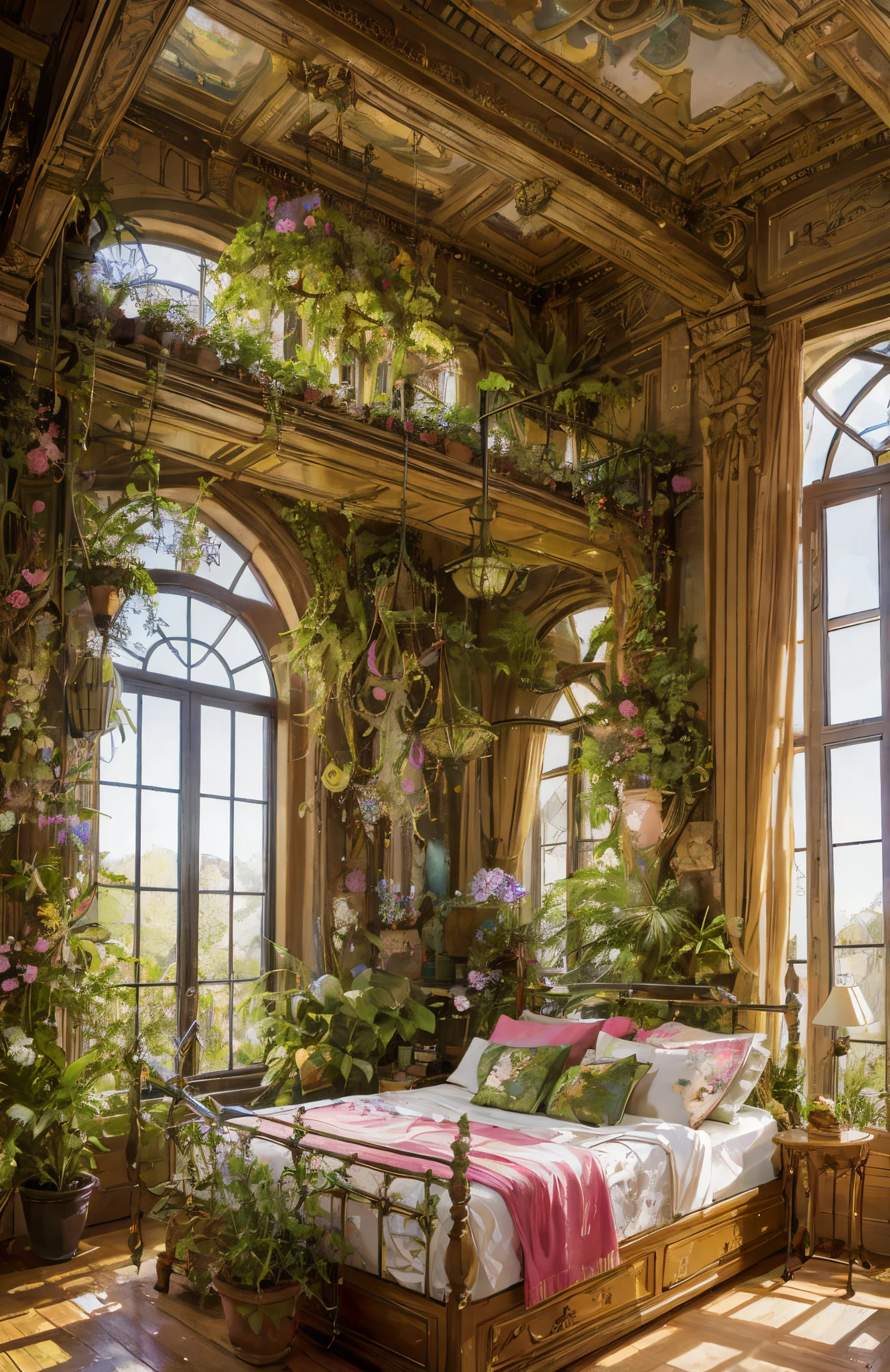 arafed bedroom with a bed and lots of plants in it, room full of plants, adorned with all kind of plants, maximalist art nouveau, overgrown with orchids, maximalism. stunning, lush plant and magical details, romantic greenery, floral jungle treehouse, trending on pinterest,maximalist, art nouveau jungle environment, maximalist, ornate retreat