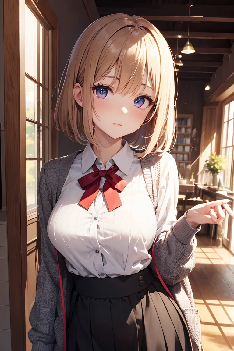 masterpiece, absurdres, best quality, ultra detailed, high Resolution, detailed illustration, cel anime, (sfw), 1girl, (**li), cute face, detailed face, magenta eyes, cute eyes, sparkling eyes, big eyes, medium breasts, perky breasts, pointy breasts, medium hips,  glamorous body, Surprised, BREAK, long bob cut, (blonde hair:0.7), messy hair, detailed hair, BREAK Cardigan, knit sweater, long skirt, tiny ribbon, xmas date, real world, natural lights, perfect lighting,