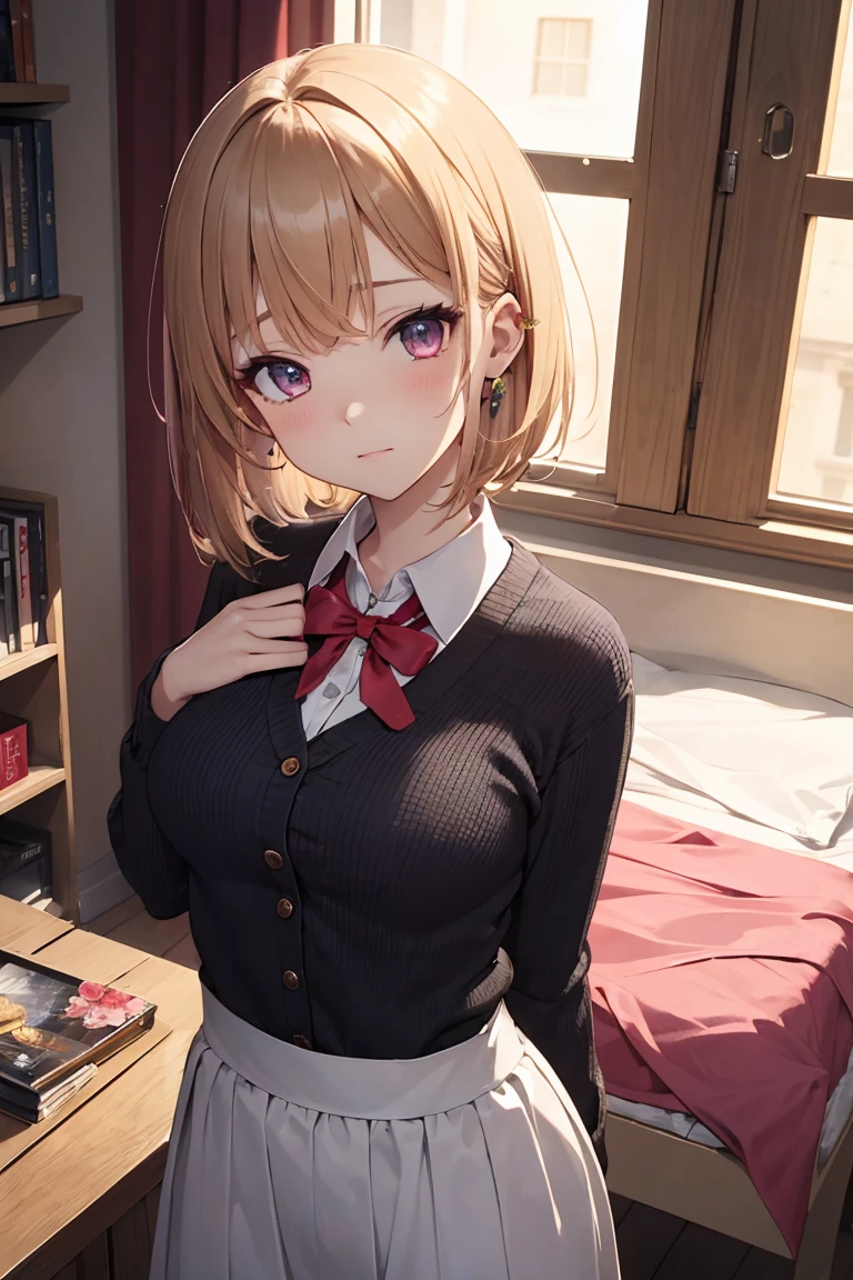 masterpiece, absurdres, best quality, ultra detailed, high Resolution, detailed illustration, cel anime, (sfw), 1girl, (), cute face, detailed face, magenta eyes, cute eyes, sparkling eyes, big eyes, medium breasts, perky breasts, pointy breasts, medium hips, glamorous body, Surprised, BREAK, long bob cut, (blonde hair:0.7), messy hair, detailed hair, BREAK Cardigan, knit sweater, long skirt, tiny ribbon, xmas date, real world, natural lights, perfect lighting,