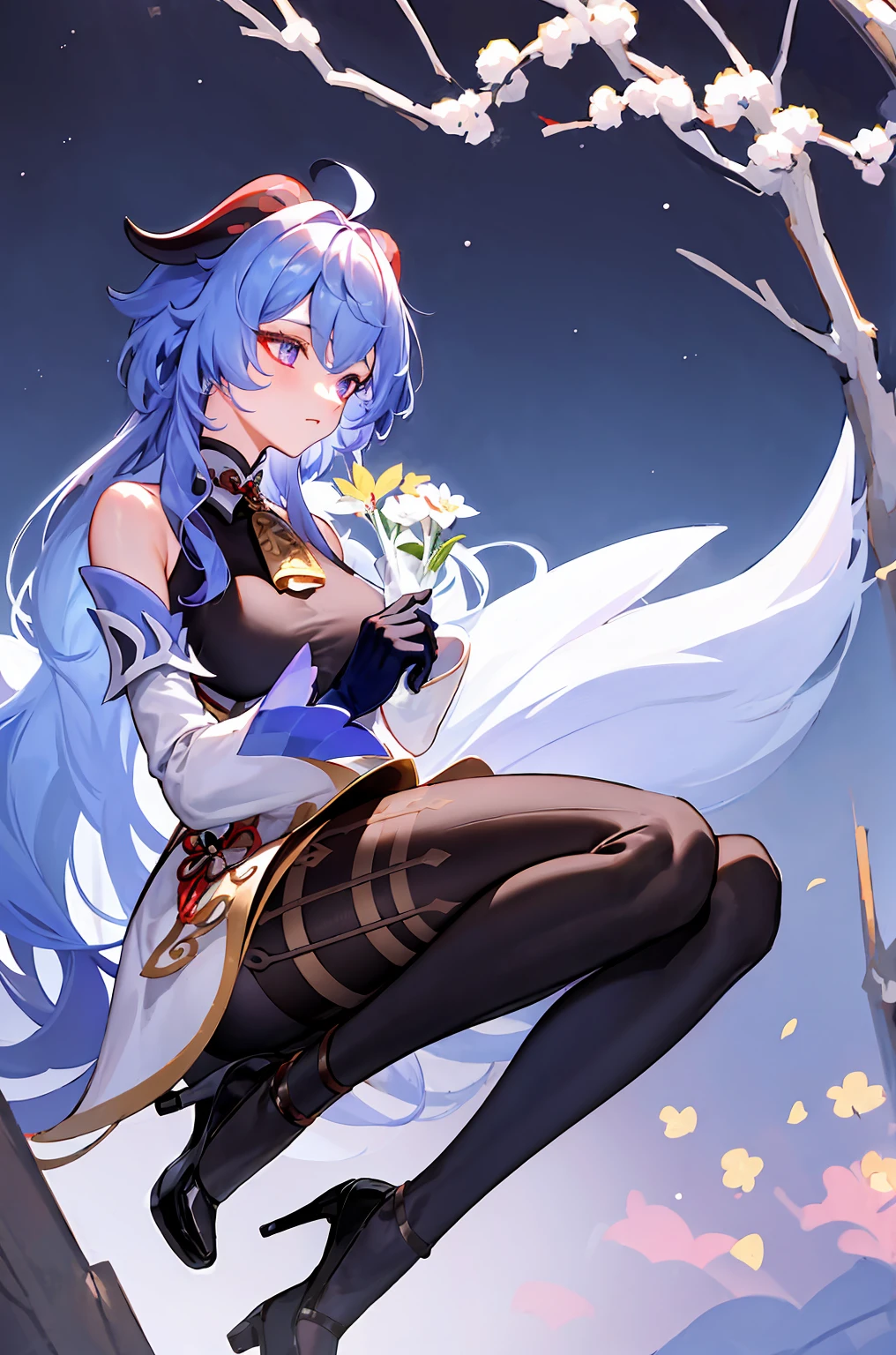 tmasterpiece, Need, 1girl, solo, long whitr hair, , looking at viewert, By bangs, mitts, cropped shoulders, middlebreast, sitted, blue  hair, purpleeyes, florals, ahoge, lacepantyhose, the sleeve, cow horn, Black gloves,Eau, high-heels, From the side Side, black pantyhoses, sideboob, ganyu (genshin impact), Ganyu,