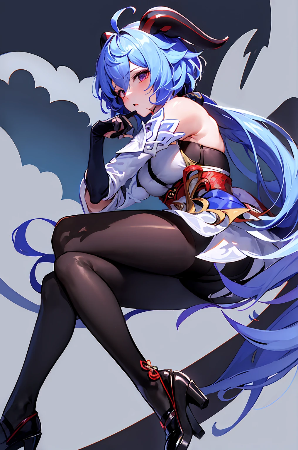 tmasterpiece, Need, 1girl, solo, long whitr hair, , looking at viewert, By bangs, mitts, cropped shoulders, middlebreast, sitted, blue  hair, purpleeyes, florals, ahoge, lacepantyhose, the sleeve, cow horn, Black gloves,Eau, high-heels, From the side Side, black pantyhoses, sideboob, ganyu (genshin impact), Ganyu,