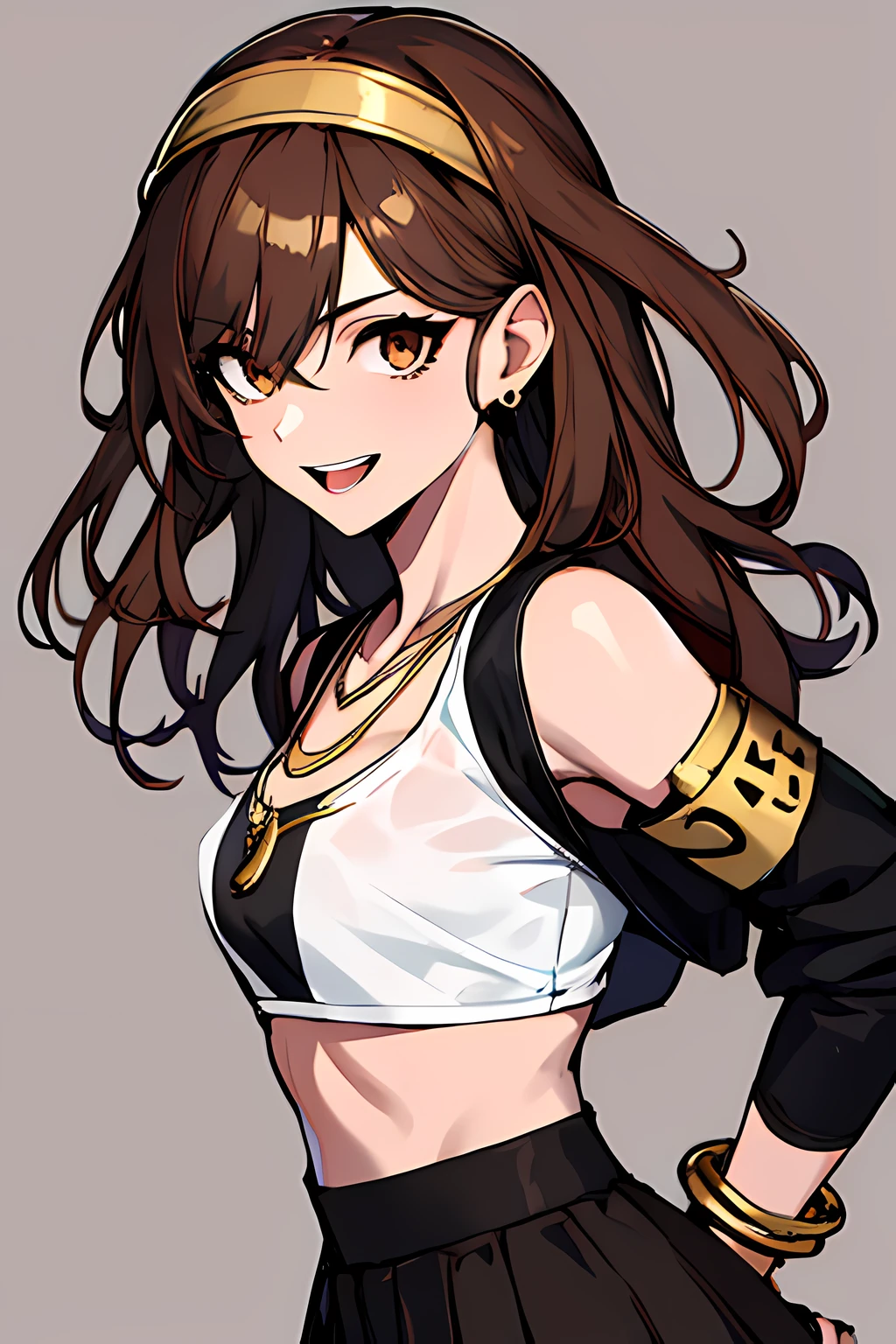 (absurdres, 8k, 4k, masterpiece, hyper extreme detailed:1.2), solo, 1girl, front view, perfect face, 1girl, portrait, expressive eyes, looking at viewer, solo, standing, Female, toned body, mature female 1girl, genie, zodiac, shirt over 1 shoulder, Brown bikini, long sleeves, necklace, long Brown Hair, city background, headband, Brown eyes, Brown skirt, small bust, rings, bracelets, charismatic, crazy face, crazy eyes, crazy smile, perfect anatomy, half body, l1girl, solo, brown shirt, gold letters, graphic t-shirt, bracelets, rings, necklace, jewelry, arm sleeves, fingerless gloves, manipulative, gaslighting, friendly, hands behind back,