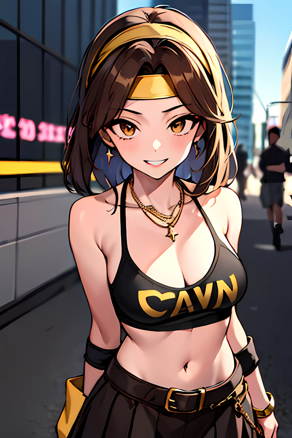 (absurdres, 8k, 4k, masterpiece, hyper extreme detailed:1.2), solo, 1girl, front view, perfect face, 1girl, portrait, expressive eyes, looking at viewer, solo, standing, Female, toned body, mature female 1girl, genie, zodiac, shirt over 1 shoulder, Brown bikini, long sleeves, necklace, long Brown Hair, city background, headband, Brown eyes, Brown skirt, small bust, rings, bracelets, charismatic, crazy face, crazy eyes, crazy smile, perfect anatomy, half body, l1girl, solo, brown shirt, gold letters, graphic t-shirt, bracelets, rings, necklace, jewelry, arm sleeves, fingerless gloves, manipulative, gaslighting, friendly, hands behind back,