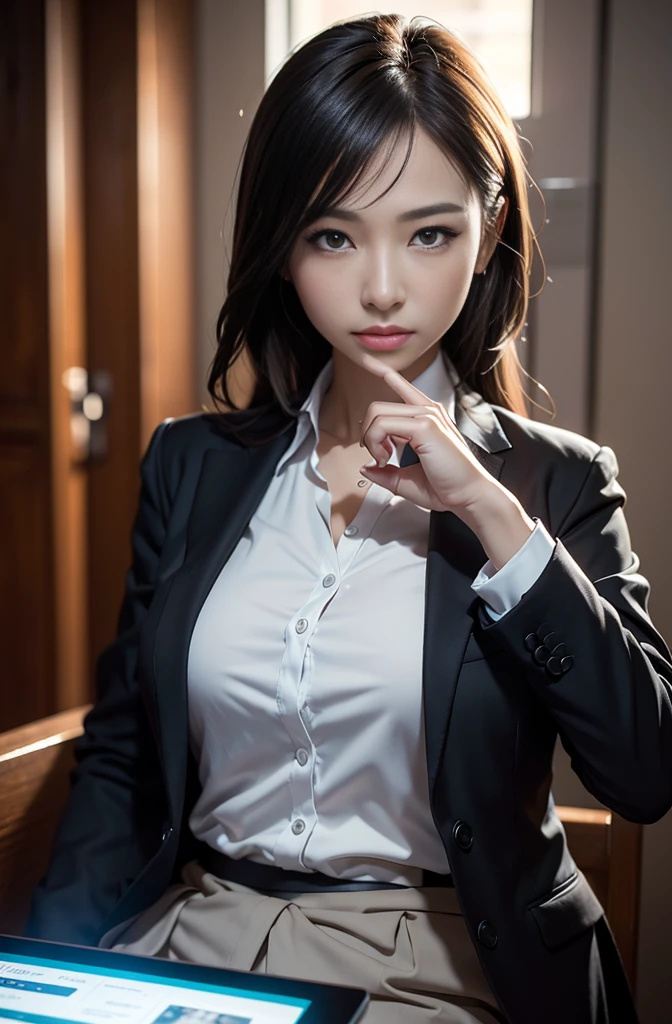 Beautiful woman, 25 years old, high ponytail, bright purple hair (like bright silver), perfect purple hair, Beautiful breasts, (Realistic skin),elegant upper class wearing a black pantsuit, black jacket, white shirt, cleavage visible, black pumps, and a business shirt. Elite secretary, working in the office, wearing a strict business suit, pantsuit style, wearing luxury high heels, girl wearing a shirt, wearing a business suit, wearing a business suit, black nail art, business Wearing a suit, Businessman, Business clothes, Wearing a black business suit, Wearing a white shirt and black jacket, Woman in a business suit, Business suit, Business attire, Raw photo, (8K, highest quality, Masterpiece: 1.2), (Complex Detail: 1.4), (Photoreal: 1.4), Octane Rendering, Complex 3D Rendering Super Detail, Studio Soft Light, Rim Light, Vibrant Detail, Super Detail, Realistic Skin texture, surface details, beautifully detailed eyes, highly detailed CG Unity 16k wallpaper, supplement, (detailed background:1.2),pony tail
