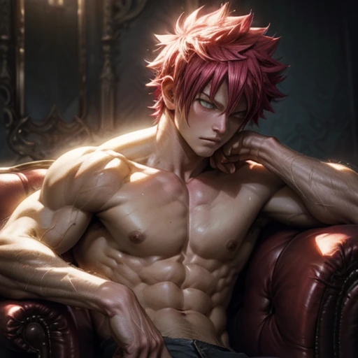 muscular,Natsu Dragneel,bare chested,on a sofa,illustration,ultra-detailed,realistic,upper body,dark color tone,moody lighting