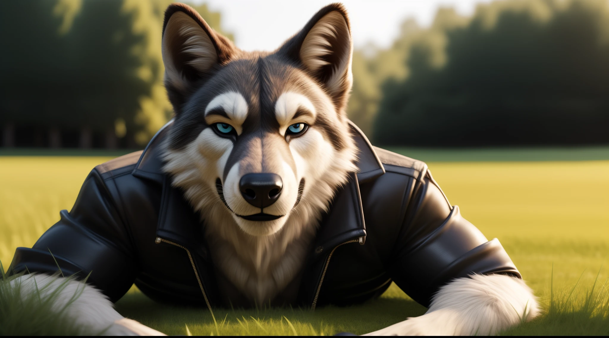 a portrait of a super strong pumped and ripped male furry character to use as a cover photo on X (old twitter) blue eyes wearing a black jacket a blue shirt lying on the grass looking at the viewer hot expression a cool smile alone in a forest lying on the grass young adult 28 years old ultra realistic 32K