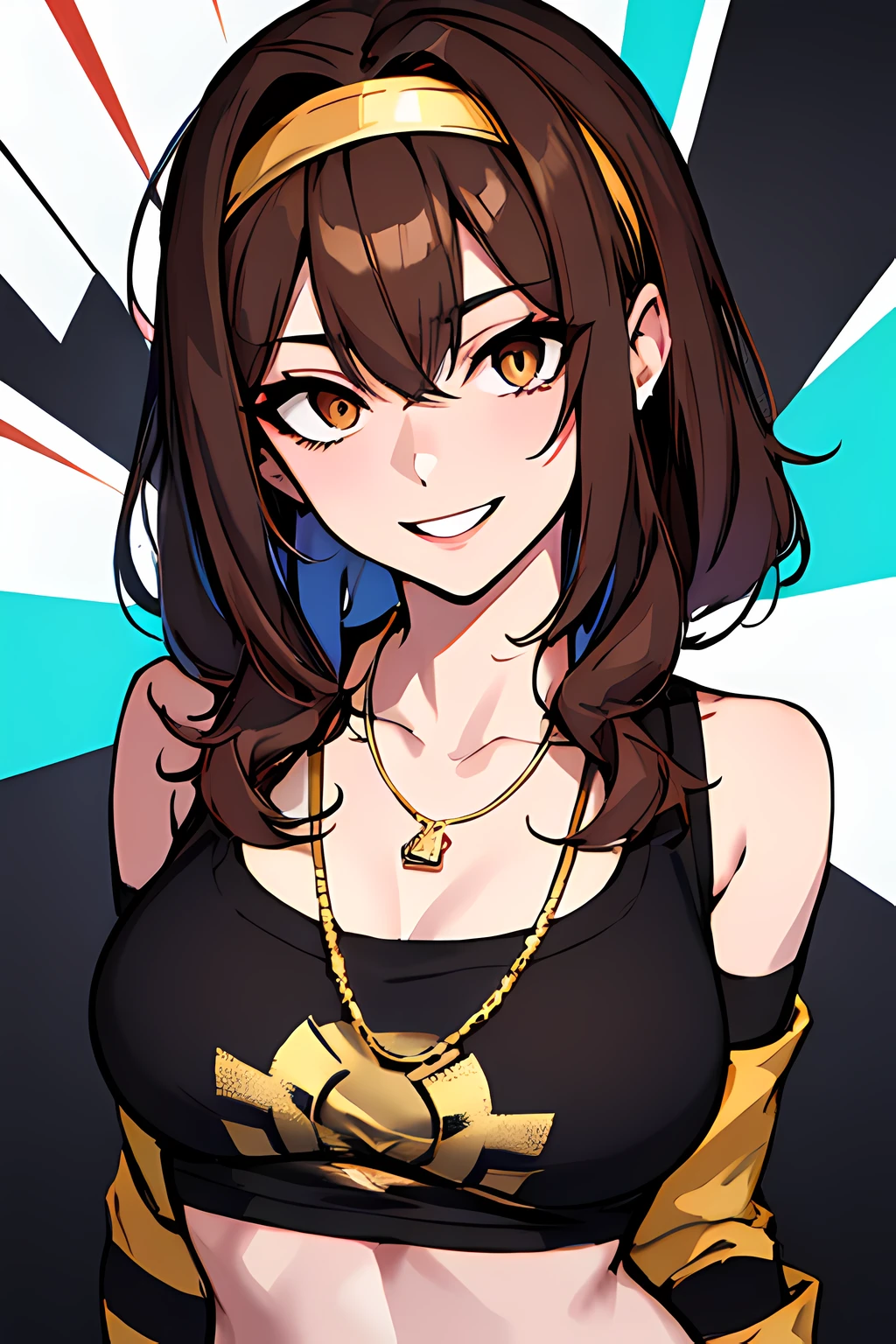 (absurdres, 8k, 4k, masterpiece, hyper extreme detailed:1.2), solo, 1girl, front view, perfect face, 1girl, portrait, expressive eyes, looking at viewer, solo, standing, Female, toned body, mature female 1girl, genie, zodiac, shirt over 1 shoulder, Brown bikini, long sleeves, necklace, long Brown Hair, city background, headband, Brown eyes, Brown skirt, small bust, rings, bracelets, charismatic, crazy face, crazy eyes, crazy smile, perfect anatomy, half body, l1girl, solo, brown shirt, gold letters, graphic t-shirt, bracelets, rings, necklace, jewelry, arm sleeves, fingerless gloves, manipulative, gaslighting, friendly, hands behind back,