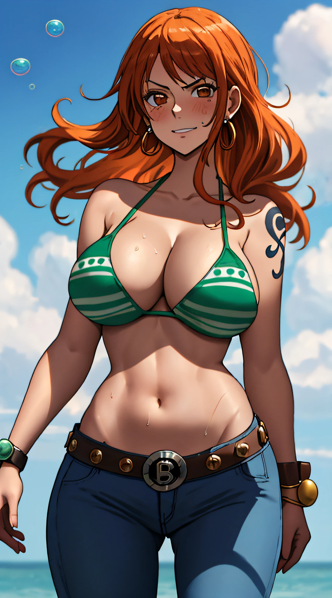nami \(one piece\), 1girl, bangle, bangs, bare shoulders, belt, bikini, bikini top only, bracelet, breasts, brown eyes, bubble, cleavage, denim, earrings, floating hair, green belt, green bikini, groin, jeans, jewelry, (large breasts:1.9), big breast, long hair, looking at own body, navel, orange hair, pants, shoulder tattoo, sidelocks, sky, smile, solo, stomach, swimsuit, tattoo, angry, crossed arms, (sweaty:1,2), shy, flusttered, (((masterpiece)))