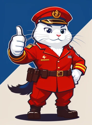 Wearing commander's clothes,Cat wearing commander hat giving thumbs up, Mascot illustration,anthropomorphic cat, macho pose, com mascot,full body mascot,comic character design, high quality character design