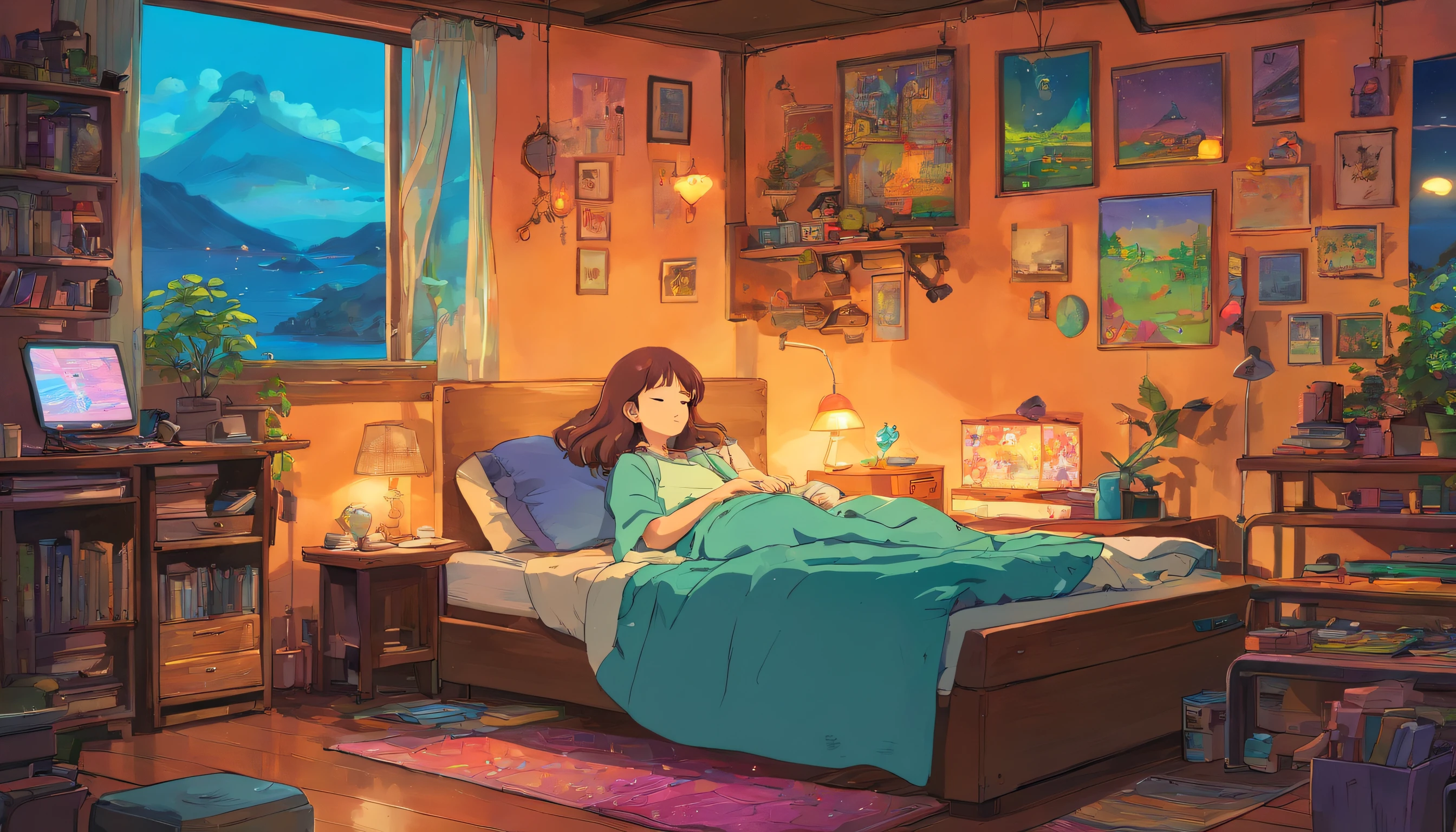 European hippie girl sleeping in her room, Dream is, Put on your headphones, Night light, Neon landscape on a rainy day, Simulates a color theme, low hip hop , retrospective, Flat, 2.5 days ,Draw a line, Ink painting and watercolor, Large slope, Watercolor painting, Gus color, In Studio Ghibli style, brilliant colorful, Outer tons, Krautrock, lofi art,Old textures, amplitude,psychedelic atmosphere, tmasterpiece, Sophisticated technology,