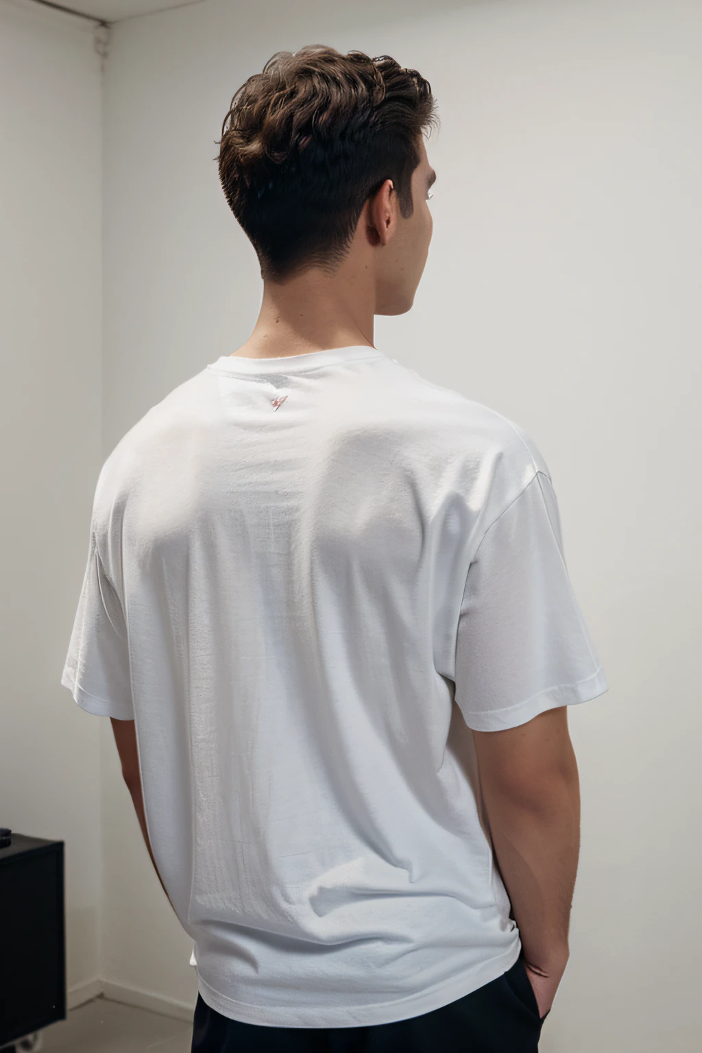 A white man wearing a oversized t-shirt with black color , with the focus on the back view, set against an aesthetically pleasing studio with a light-colored background
