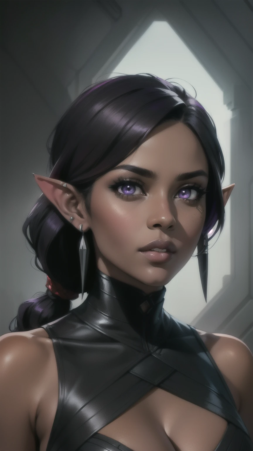 (Concept Art) of an (African-American) female, with dark (black dreadlocks), purple eyes, brown (dark skin), (pointed ears), (slutty assassin), sexy sith robes, (lust) demon, close-up shot, perfect composition, hyper-detailed, 8K, high quality, (perfect eyes), trending art, sharp focus, studio photo, intricate details, (Pin-up) pose