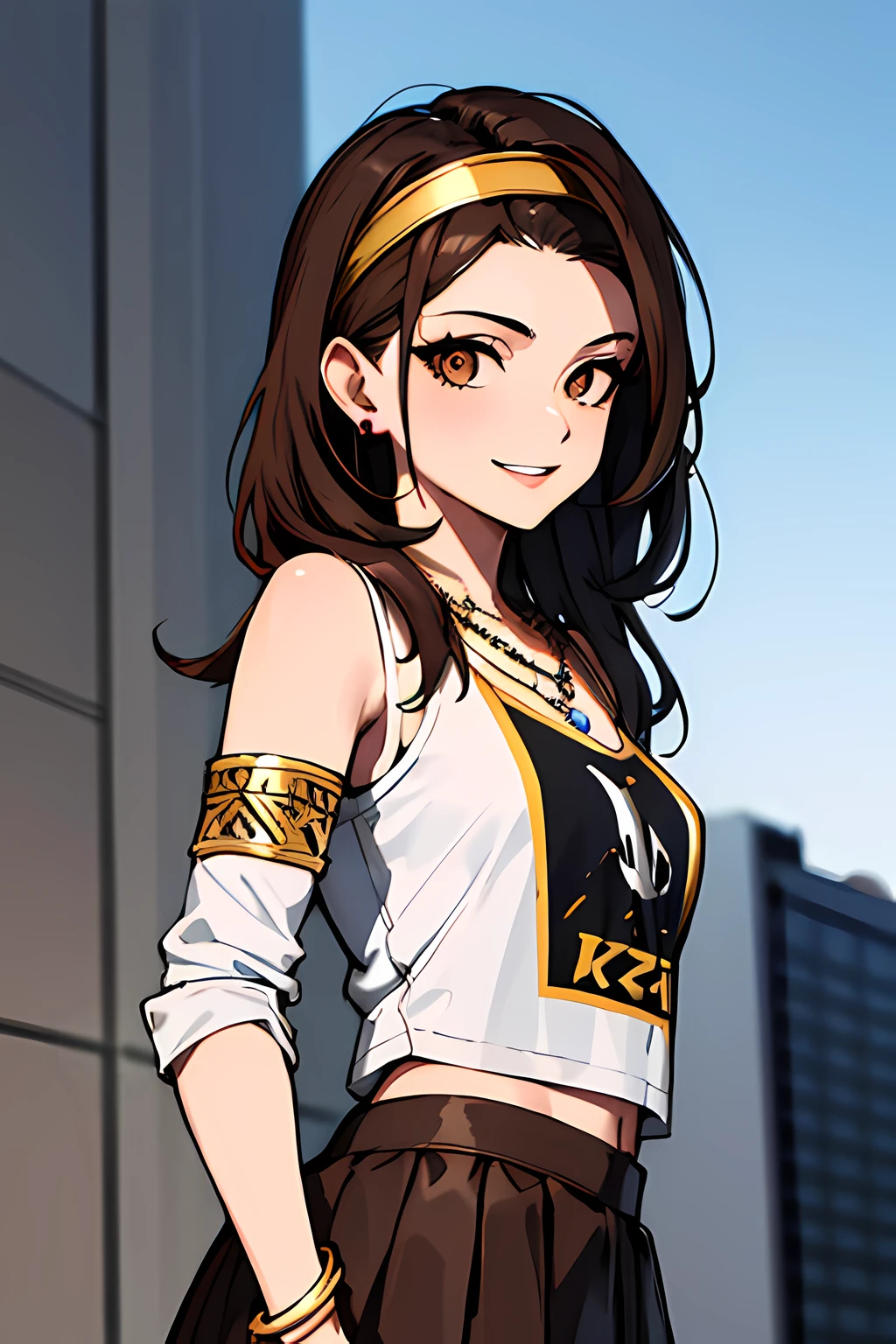 (absurdres, 8k, 4k, masterpiece, hyper extreme detailed:1.2), solo, 1girl, front view, perfect face, 1girl, portrait, expressive eyes, looking at viewer, solo, standing, Female, toned body, mature female 1girl, genie, zodiac, shirt over 1 shoulder, Brown bikini, long sleeves, necklace, long Brown Hair, city background, headband, Brown eyes, Brown skirt, small bust, rings, bracelets, charismatic, crazy face, crazy eyes, crazy smile, perfect anatomy, half body, l1girl, solo, brown shirt, gold letters, graphic t-shirt, bracelets, rings, necklace, jewelry, arm sleeves, fingerless gloves, manipulative, gaslighting, friendly, hands behind back,