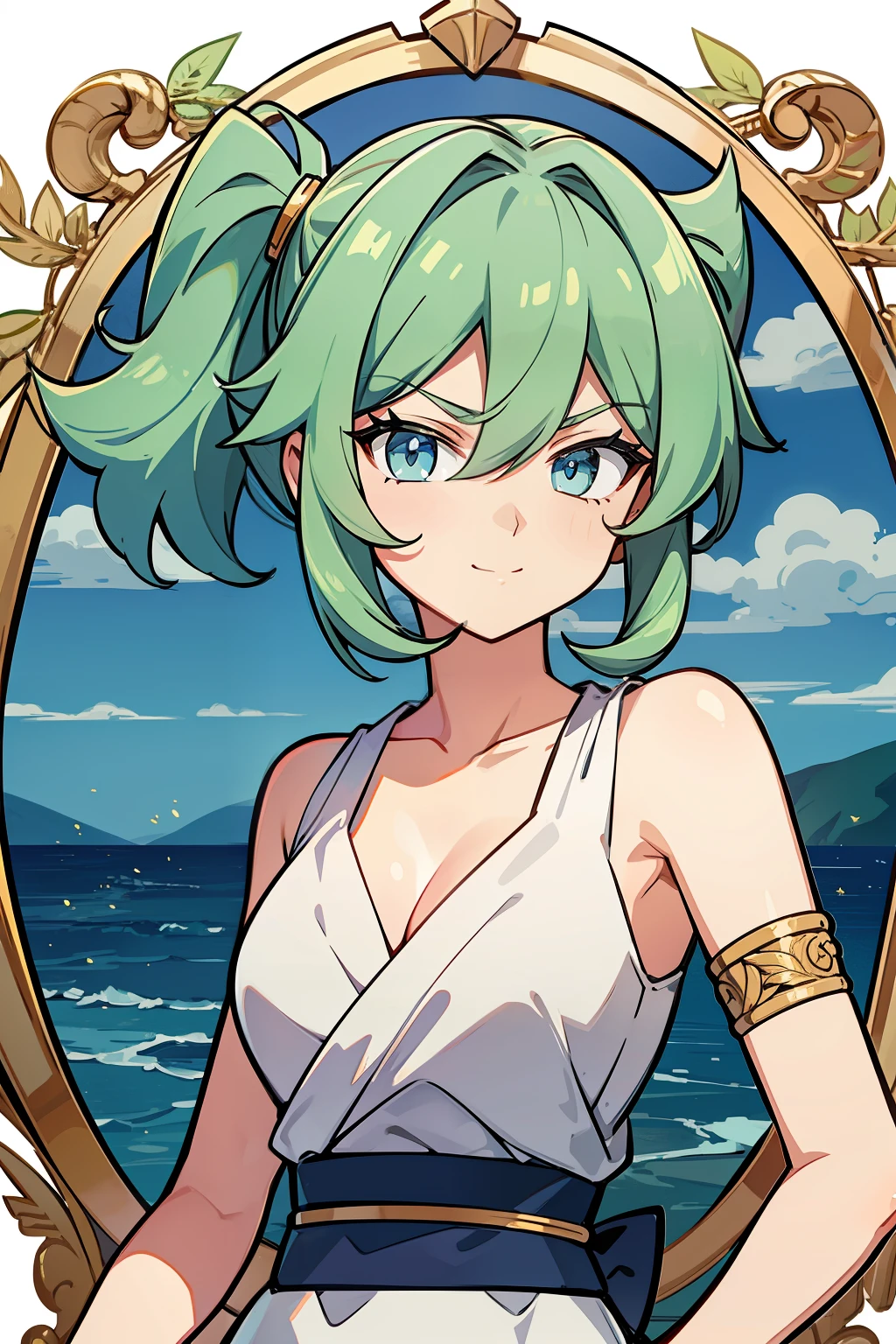 (high-quality, breathtaking),(expressive eyes, perfect face) 1girl, female, solo, young adult , light blue hair, green coloured eyes, stylised hair, gentle smile, short length hair, loose hair, side bangs, curley hair, really spiky hair, spiked up hair, looking at viewer, portrait, ancient greek clothes, white and blue dress, sleeveless dress, greek, blue and gold sash, ocean background, gold leaf laurel on left and right side of hair, C cup size breasts