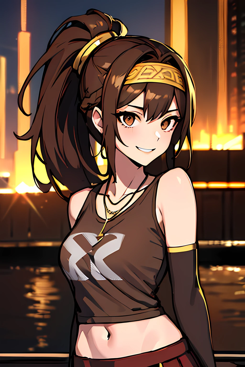 (absurdres, 8k, 4k, masterpiece, hyper extreme detailed:1.2), solo, 1girl, front view, perfect face, 1girl, portrait, expressive eyes, looking at viewer, solo, standing, Female, toned body, mature female 1girl, genie, zodiac, shirt over 1 shoulder, Brown bikini, long sleeves, necklace, long Brown Hair, city background, headband, Brown eyes, Brown skirt, small bust, rings, bracelets, charismatic, crazy face, crazy eyes, crazy smile, perfect anatomy, half body, l1girl, solo, brown shirt, gold letters, graphic t-shirt, bracelets, rings, necklace, jewelry, arm sleeves, fingerless gloves, manipulative, gaslighting, friendly, hands behind back, ponytail