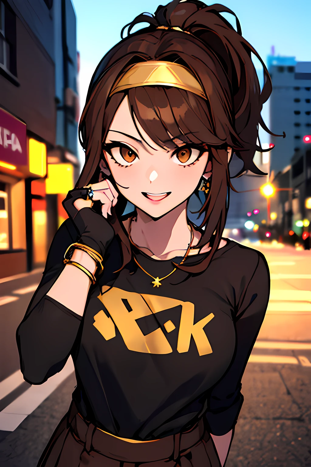 (absurdres, 8k, 4k, masterpiece, hyper extreme detailed:1.2), solo, 1girl, front view, perfect face, 1girl, portrait, expressive eyes, looking at viewer, solo, standing, Female, toned body, mature female 1girl, genie, zodiac, shirt over 1 shoulder, Brown bikini, long sleeves, necklace, long Brown Hair, city background, headband, Brown eyes, Brown skirt, small bust, rings, bracelets, charismatic, crazy face, crazy eyes, crazy smile, perfect anatomy, half body, l1girl, solo, brown shirt, gold letters, graphic t-shirt, bracelets, rings, necklace, jewelry, arm sleeves, fingerless gloves, manipulative, gaslighting, friendly, hands behind back, ponytail