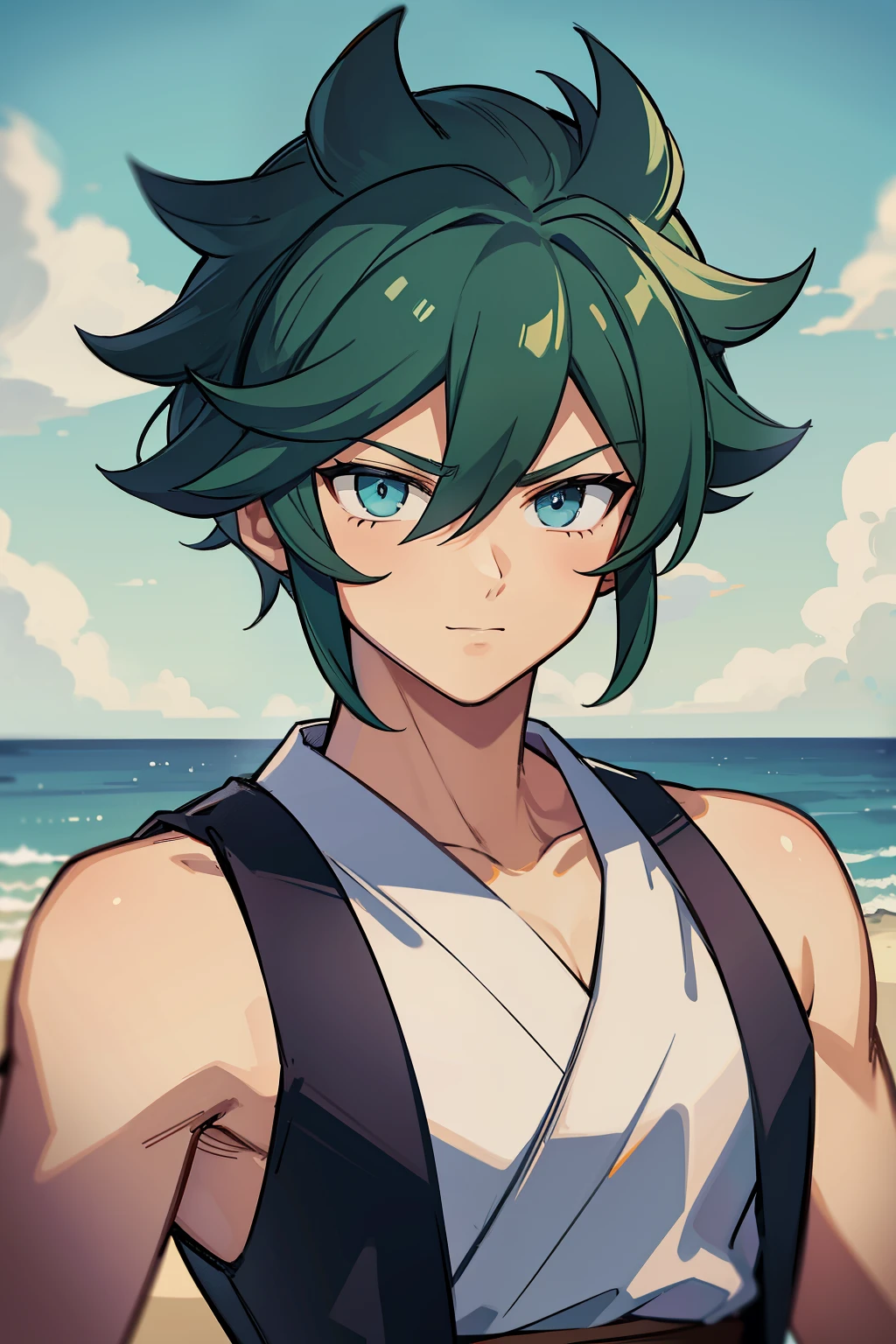 (high-quality, breathtaking),(expressive eyes, perfect face) 1boy, male, solo, young teen, medium blue hair, green coloured eyes, stylised hair, gentle smile, medium length hair, loose hair, side bangs, curley hair, really spiky hair, spiked up hair, looking at viewer, portrait, ancient greek clothes, blue black and white tunic, white Chlamys, sleeveless, greek, blue and gold sash, ocean background, laurel accessory, slightly narrow eyes, masculine face, masculine eyes