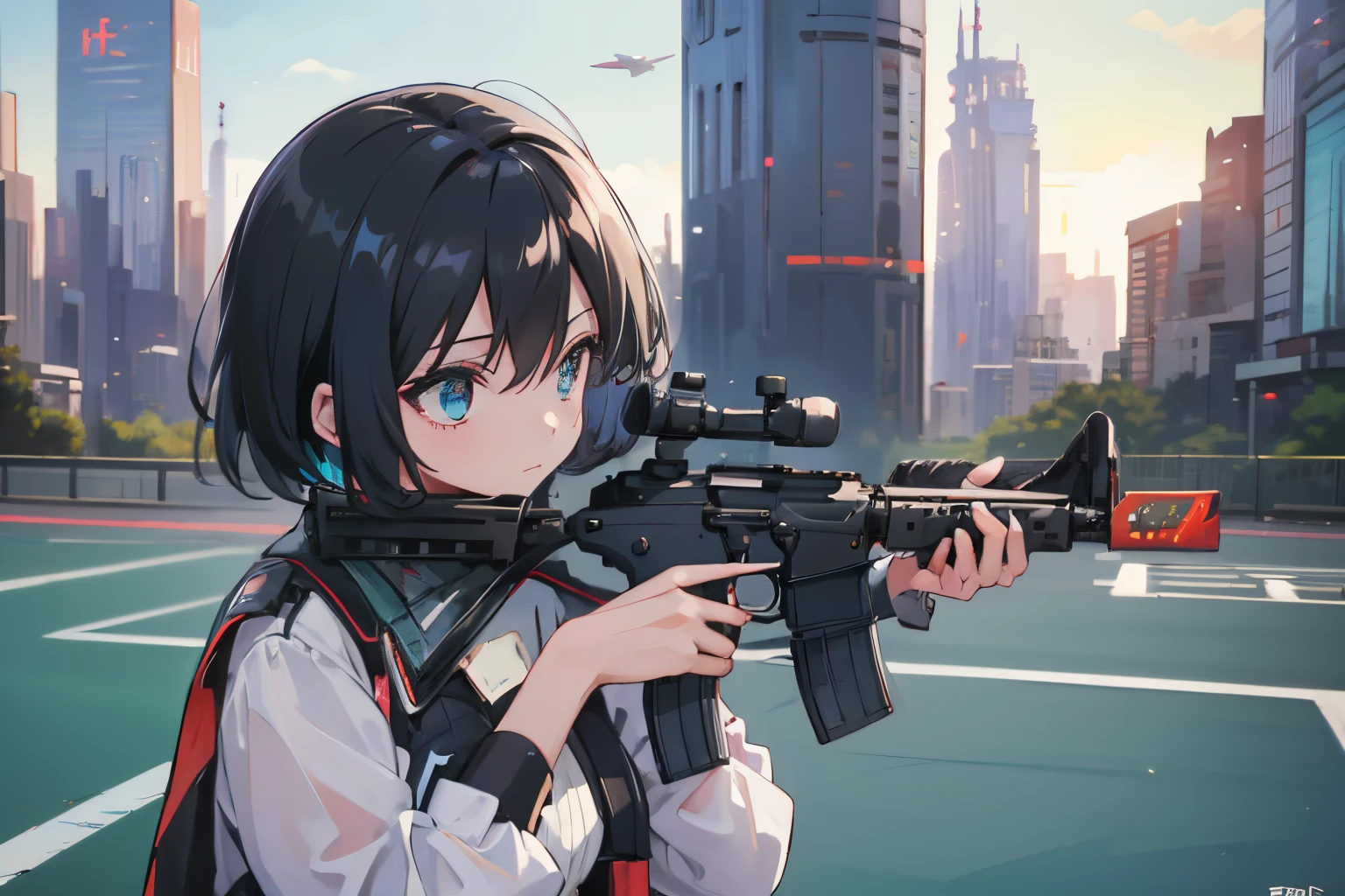 (masutepiece:1.2, Best Quality, Top Quality, Lens Flare, Depth of Field,), (Close Up: 1.3), (Wide Shot, Fisheye: 0.85), Face Focus, [1 girl in, expressioness, Turquoise eyes,jet-black hair, Half shorthair,White jacket,Take off your jacket, Blouse with Open Chest, Pleated Skirt, ] , (Holding a Weapon, Holding a Rifle, Aiming, Aiming:1.2), gun, H&K HK416, carbine, open fire, firing, city, street, road sign, skyscraper,