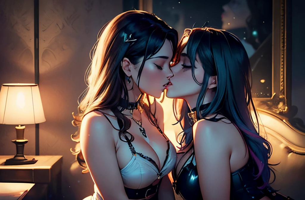 (closeup lesbian kissing) (colored line art:1.3), ((Best quality)), ((masterpiece)), (detailed:1.3), 3D ,HDR (High Dynamic Range), light particles, (Heart particles:1.2)cinematic shot, dramatic lighting emphasizing shadows, texture-rich details,a woman with horn(exhibitionismm,immodesty,self-display:1.5) , (2girls, a mix of madelyn cline and barbara palvin and marina diamandis and alexandra daddario,closed eyes,beautiful detailed lips,extremely detailed face,long lashes,ombre balayaga outfit colors, choker,necklace,wristbands,watch,maximalist details,rings,buttons,belt,v shape belly,slight parted lips,trim accent:1.3)anime couple kissing, kissing together