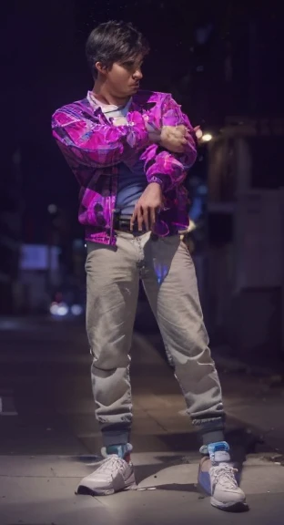 ((masterpiece)),(((best quality))),(character design sheet,same character,front,side,back),iRAW photo, a portrait photo of 25 y.o man in casual clothes, night, city street, (high detailed skin:1.2), 8k uhd, dslr, soft lighting, high quality, film grain, Fujifilm XT3