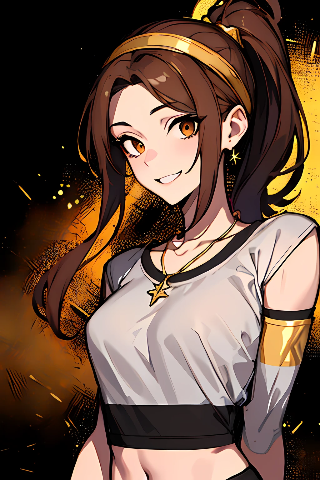 (absurdres, 8k, 4k, masterpiece, hyper extreme detailed:1.2), solo, 1girl, front view, perfect face, 1girl, portrait, expressive eyes, looking at viewer, solo, standing, Female, toned body, mature female 1girl, genie, zodiac, shirt over 1 shoulder, Brown bikini, long sleeves, necklace, long Brown Hair, city background, headband, Brown eyes, Brown skirt, small bust, rings, bracelets, charismatic, crazy face, crazy eyes, crazy smile, perfect anatomy, half body, l1girl, solo, brown shirt, gold letters, graphic t-shirt, bracelets, rings, necklace, jewelry, arm sleeves, fingerless gloves, manipulative, gaslighting, friendly, hands behind back,