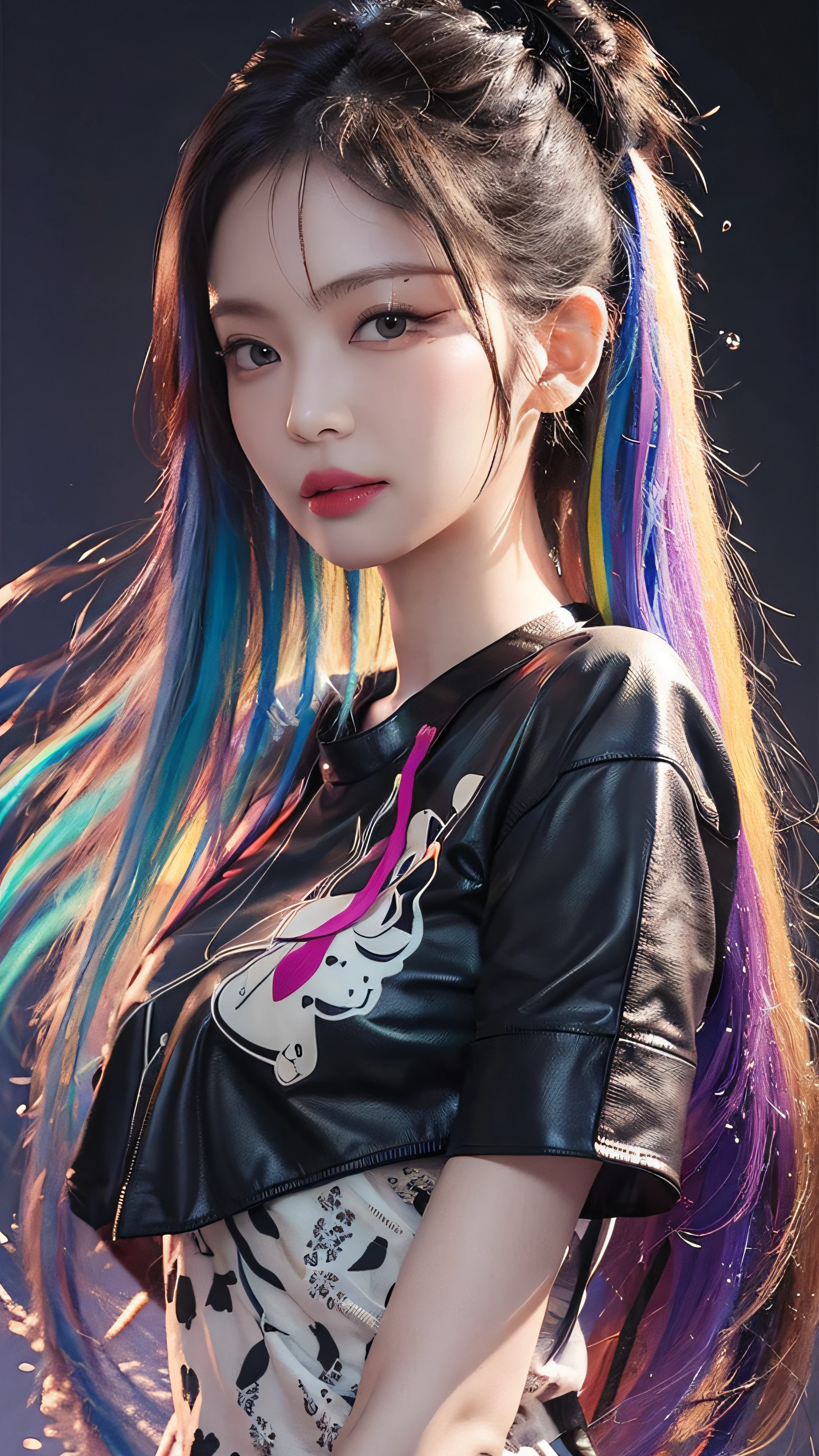 (Masterpiece, Best Quality, High Resolution), White Background, ((Paint Splash, Color Splash, Splash of Ink, Color Splash)), Sweet Chinese Girl, Rainbow Hair, Pink Lips, Front, Upper Body, Jennie Kim,