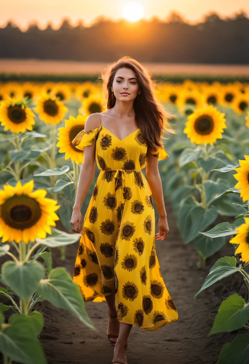 a beautiful lady walking in a sunflower field where all the sunflowers turning toward her against the sun