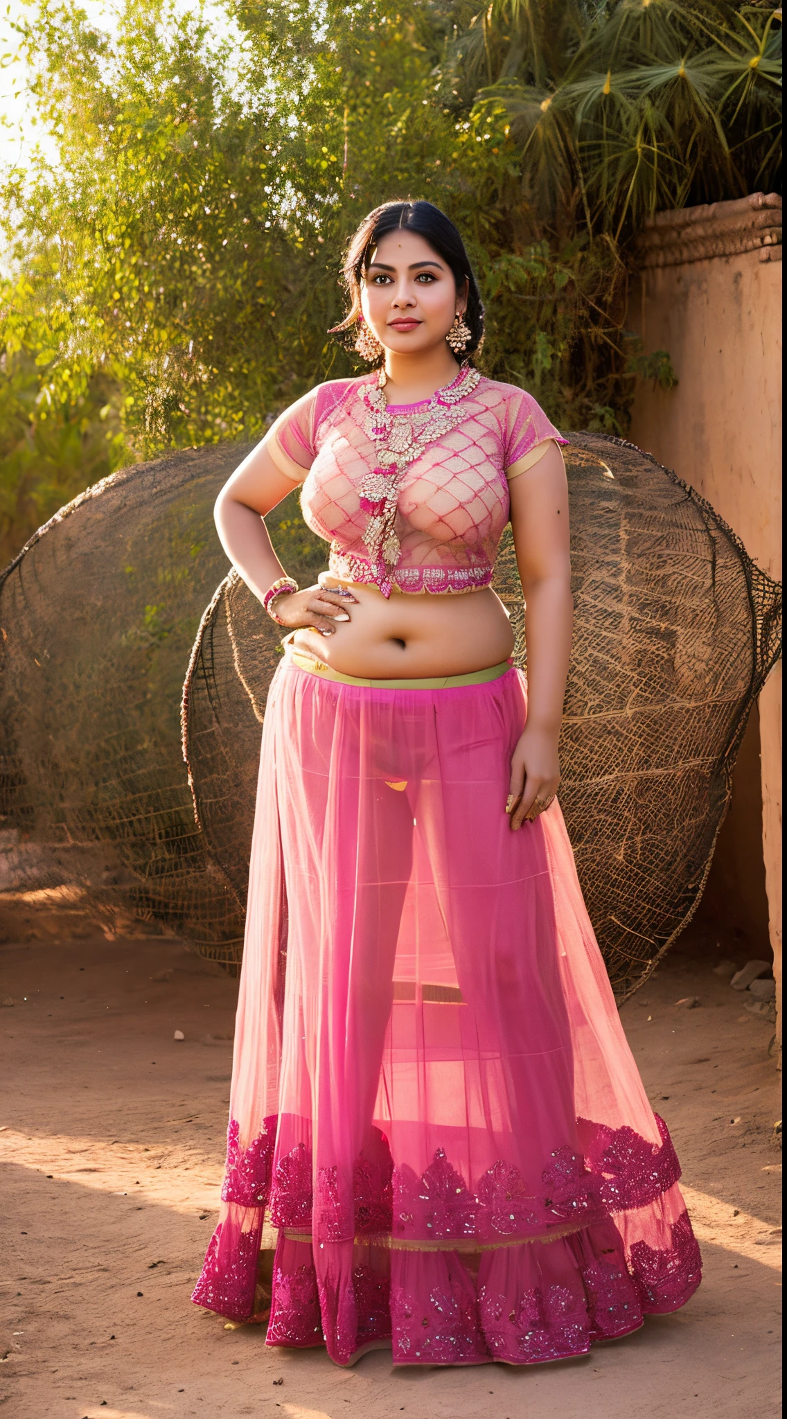 Bengali sexy chubby face and fit body aunty at age of 30 in Rajasthani transparent hot peacock-pink net-blouse and long transparent net-skirt and showing her sexy full body structure mud house at desert
