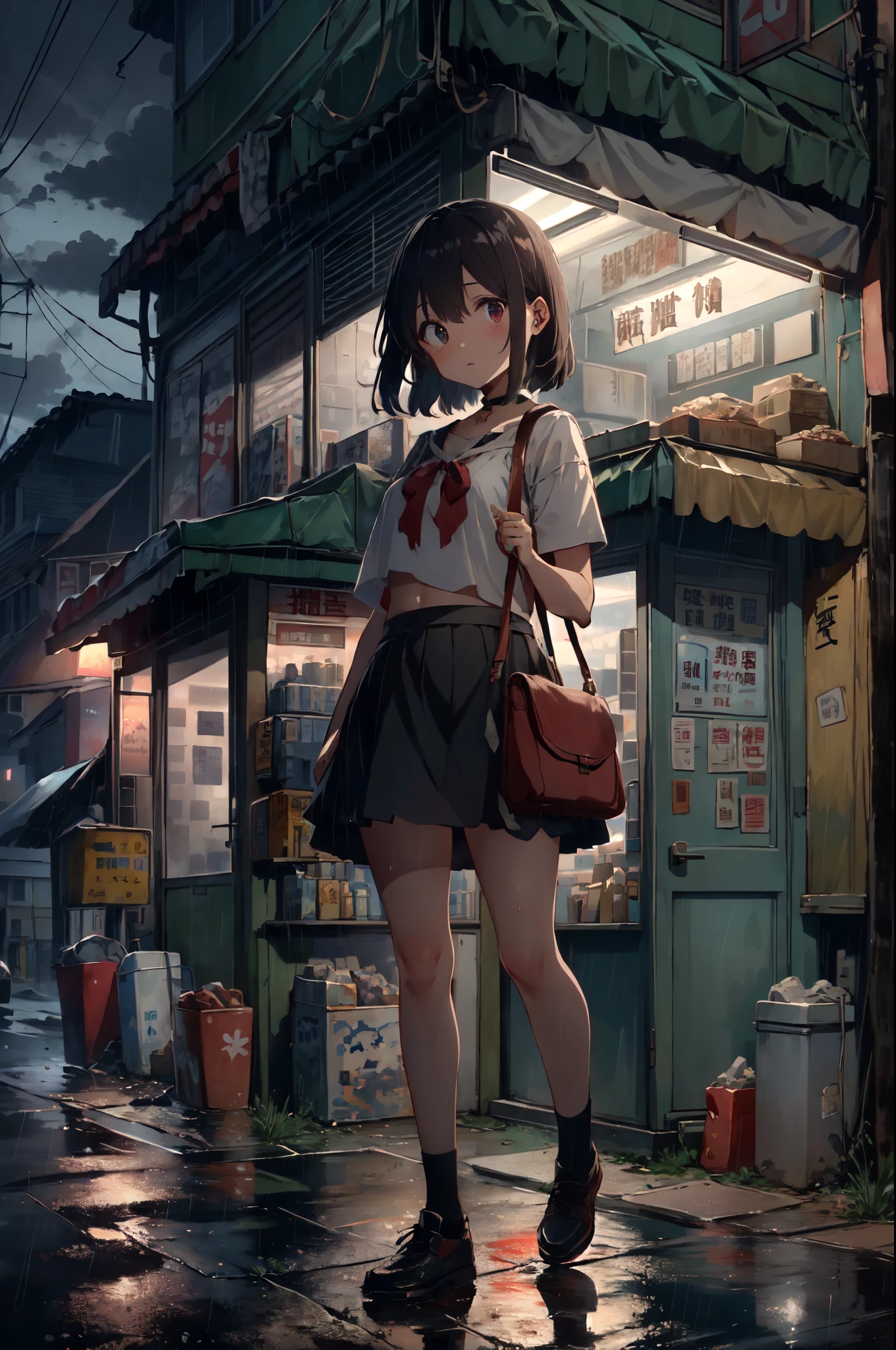 {{{tmasterpiece}}}, {Extremely Delicately Beautiful}, (Alone:1.5), (Best quality:1.2), (超高分辨率, realistically, RAW photos:1.4), 8K, 电影灯光, beautiful light up, profesional lighting, physically-based renderingt, フォトンマッピング, Radio City, Detailed and complex, detailface, Face highlights, Slim, white skinned, largeeyes, 1 sister, , Black hair color long hair, 城市,corner store ,pedestrian walkway, Crop top, (Short shirts,short skirt), Eternal, Medium hair, jewely, look at another, staredown, choker necklace, Dark clouds,Rainy sky,streetlight,