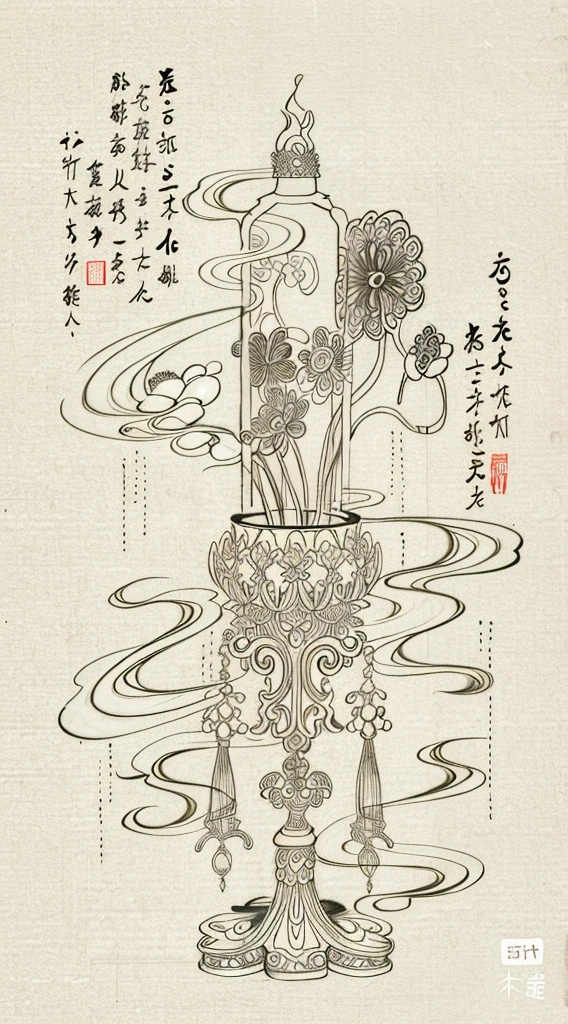 There is a drawing of a vase，There are flowers and birds on it, elaborate ink illustration, In line with ancient Chinese aesthetics, traditional chinese art, ancient china art style, Chinese brush illustration, Tradition Chinese Ink Painting, chinese painting style, surname, ancient chinese ornate, detailed illustrations, Chinese-style painting, intricate ink painting, Chinese traditional, Middle Metaverse