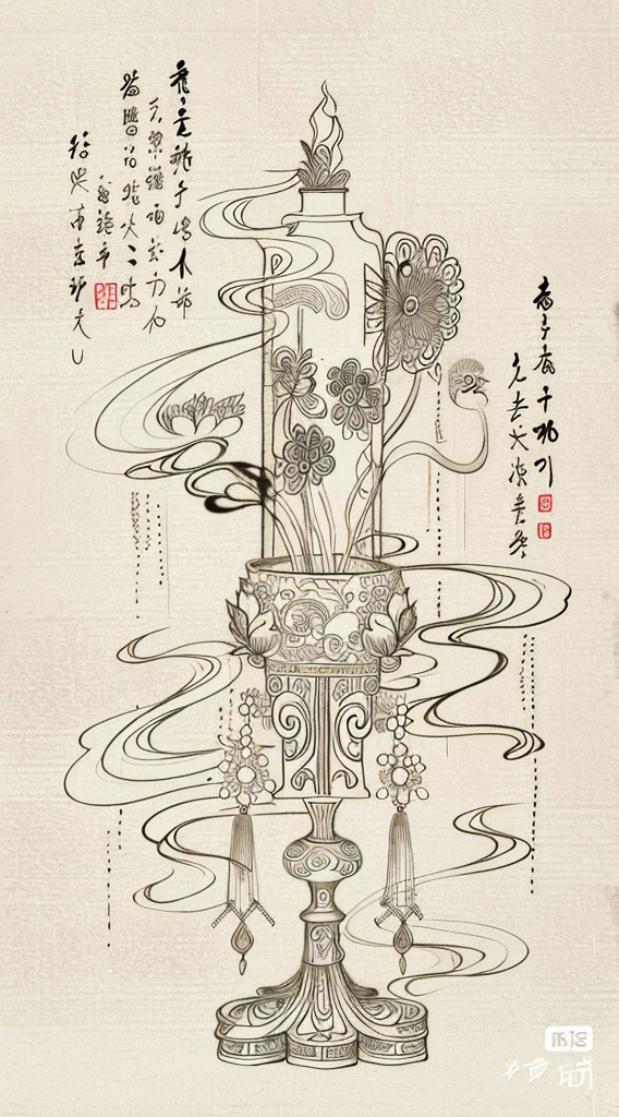 There is a drawing of a vase，There are flowers and birds on it, elaborate ink illustration, In line with ancient Chinese aesthetics, traditional chinese art, ancient china art style, Chinese brush illustration, Tradition Chinese Ink Painting, chinese painting style, surname, ancient chinese ornate, detailed illustrations, Chinese-style painting, intricate ink painting, Chinese traditional, Middle Metaverse