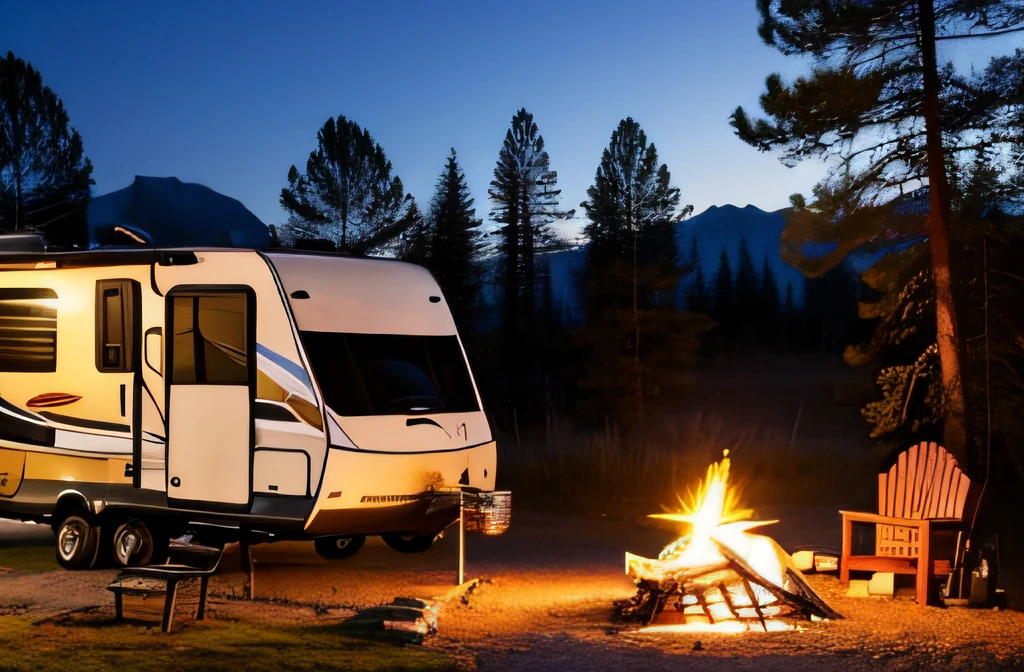 campsite in the mountains, lit campfire with food being cooked, small parked RV with solar panels, traditional family lounging in chairs around the campfire, twilight time of night with beautiful sunset, highly detailed, realistic photo